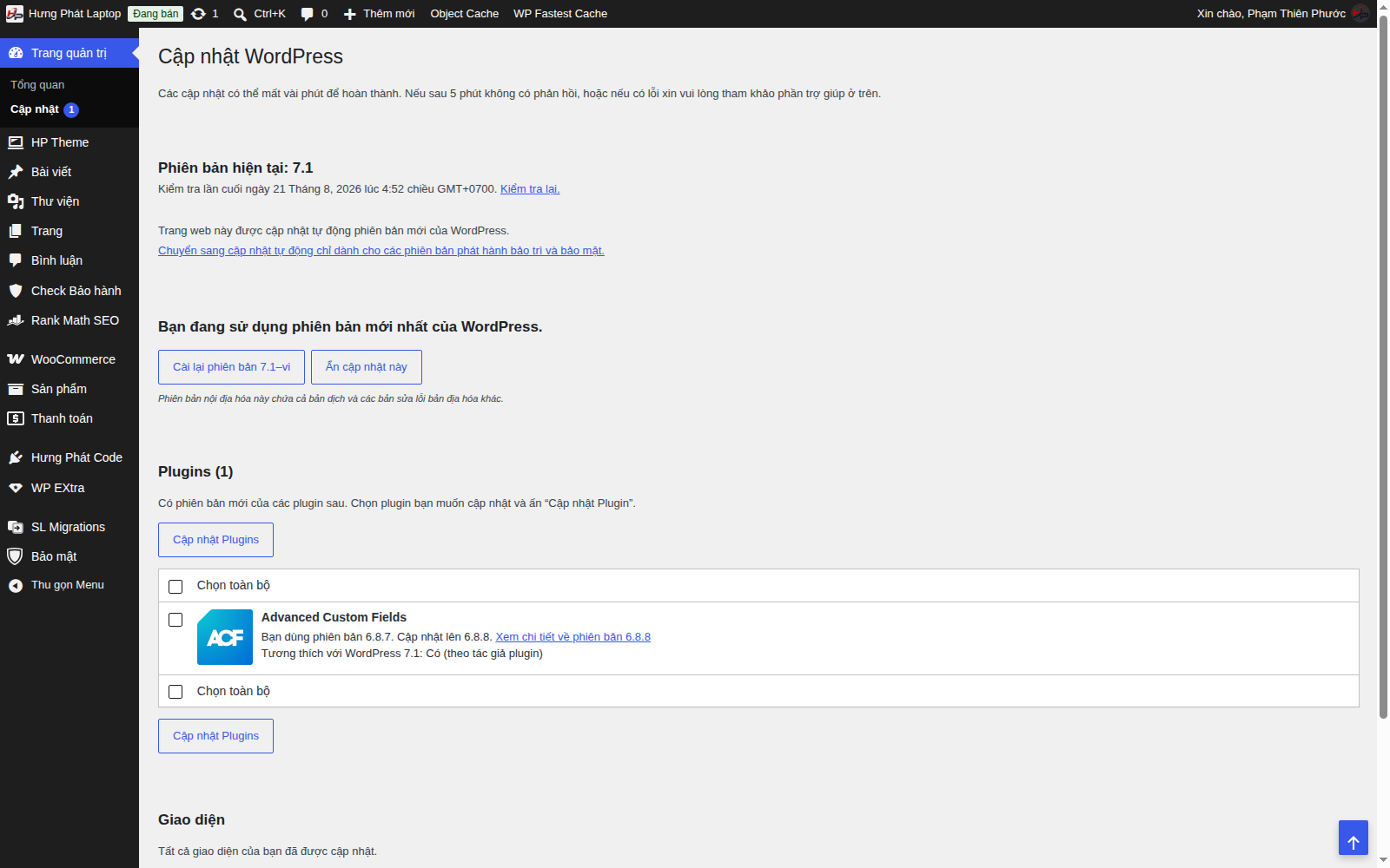 Trang Cập nhật trong WordPress