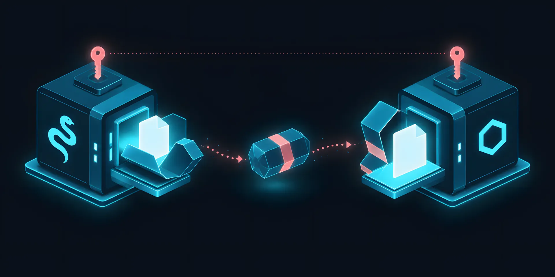 The left machine locks a document into a capsule and the right machine opens it, both sharing the same key