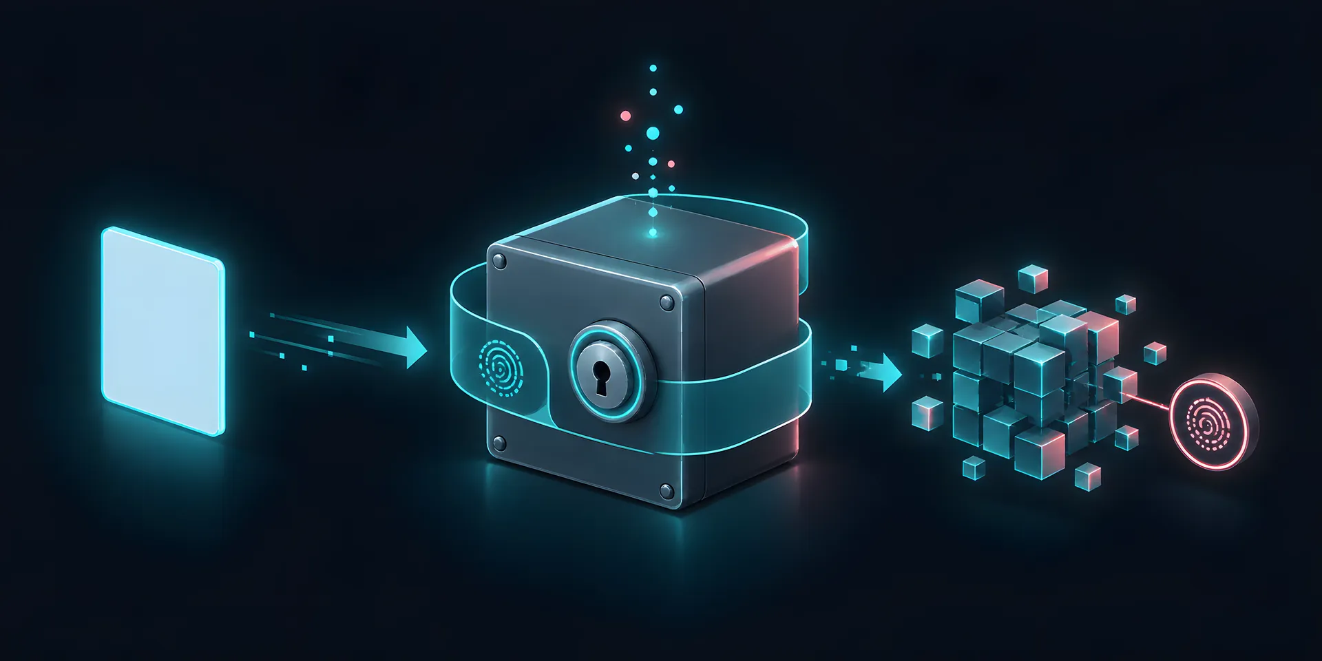 A lock box turning a document into a scrambled block with an authentication seal, with a different nonce spark each time