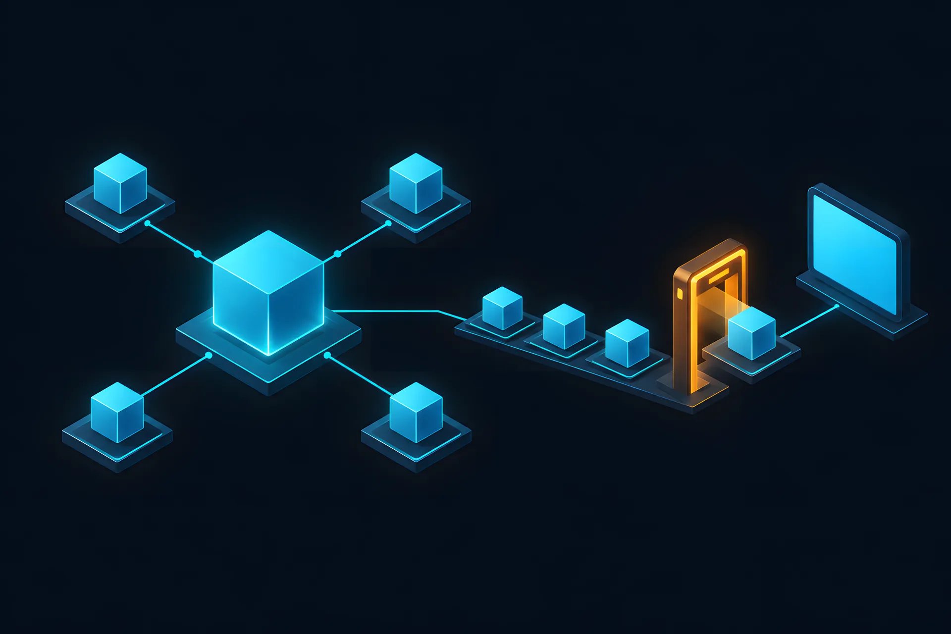 One orchestrator in the middle connected to four sub-agents, and a narrow gate letting only one agent through to use the browser
