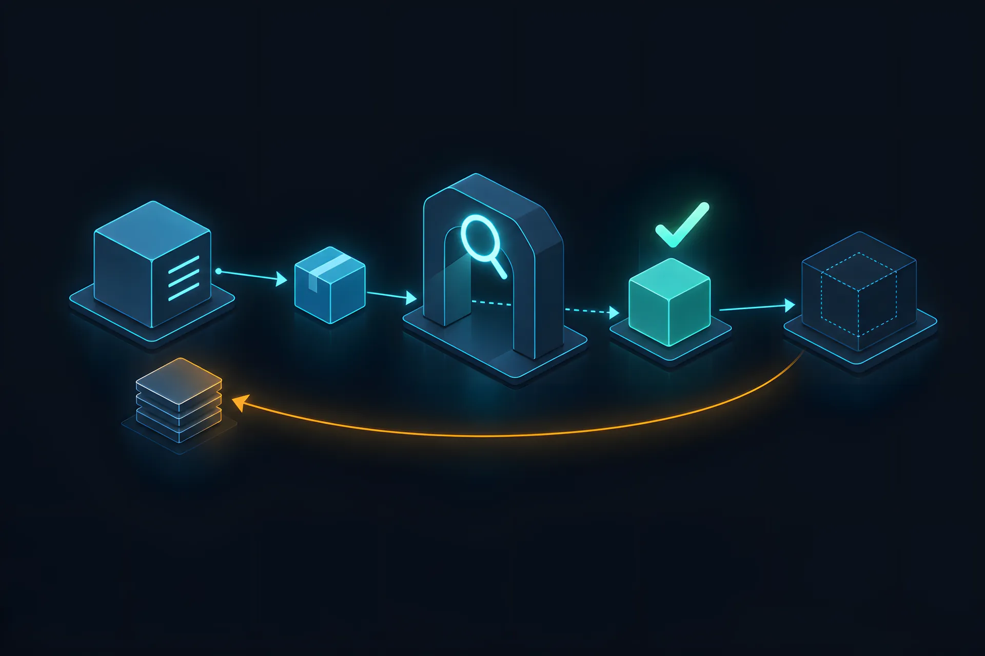 A result block passing through a glowing checkpoint arch, with a curved arrow below looping back to the start next to backup copies
