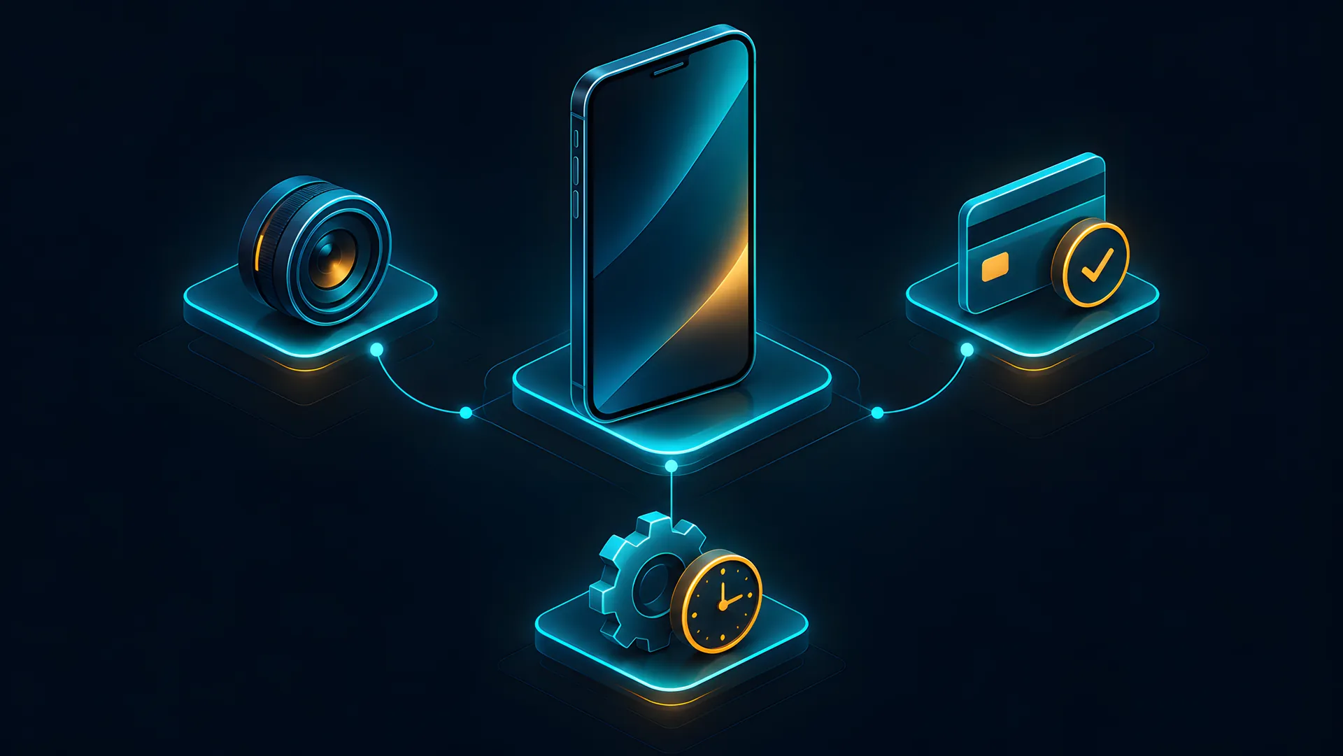 Điện thoại với ba biểu tượng camera, thanh toán và chạy nền