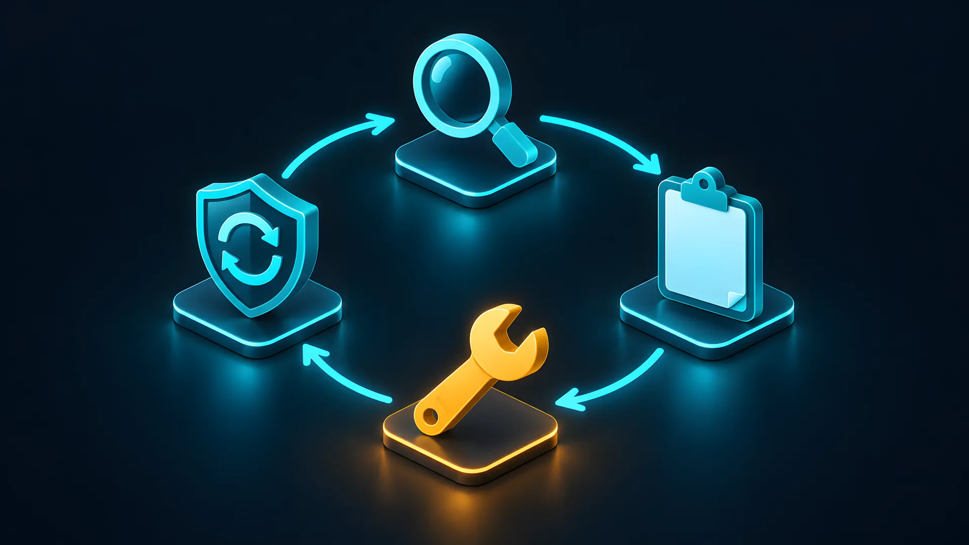 A four-stage loop: discover, report, fix, retest, joined by glowing arrows