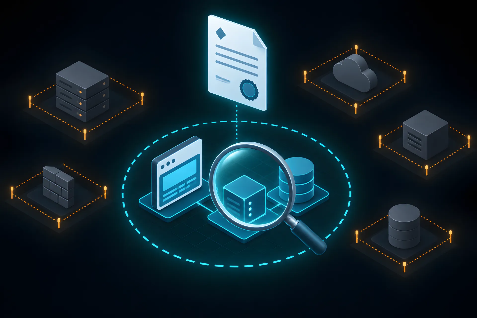 A dashed circle around the app blocks that may be tested, out-of-scope blocks fenced off outside, and a signed permission document above