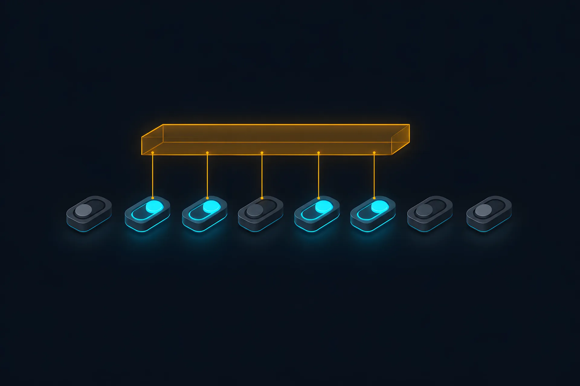 A row of toggle switches, some lit, with an amber mask frame above them