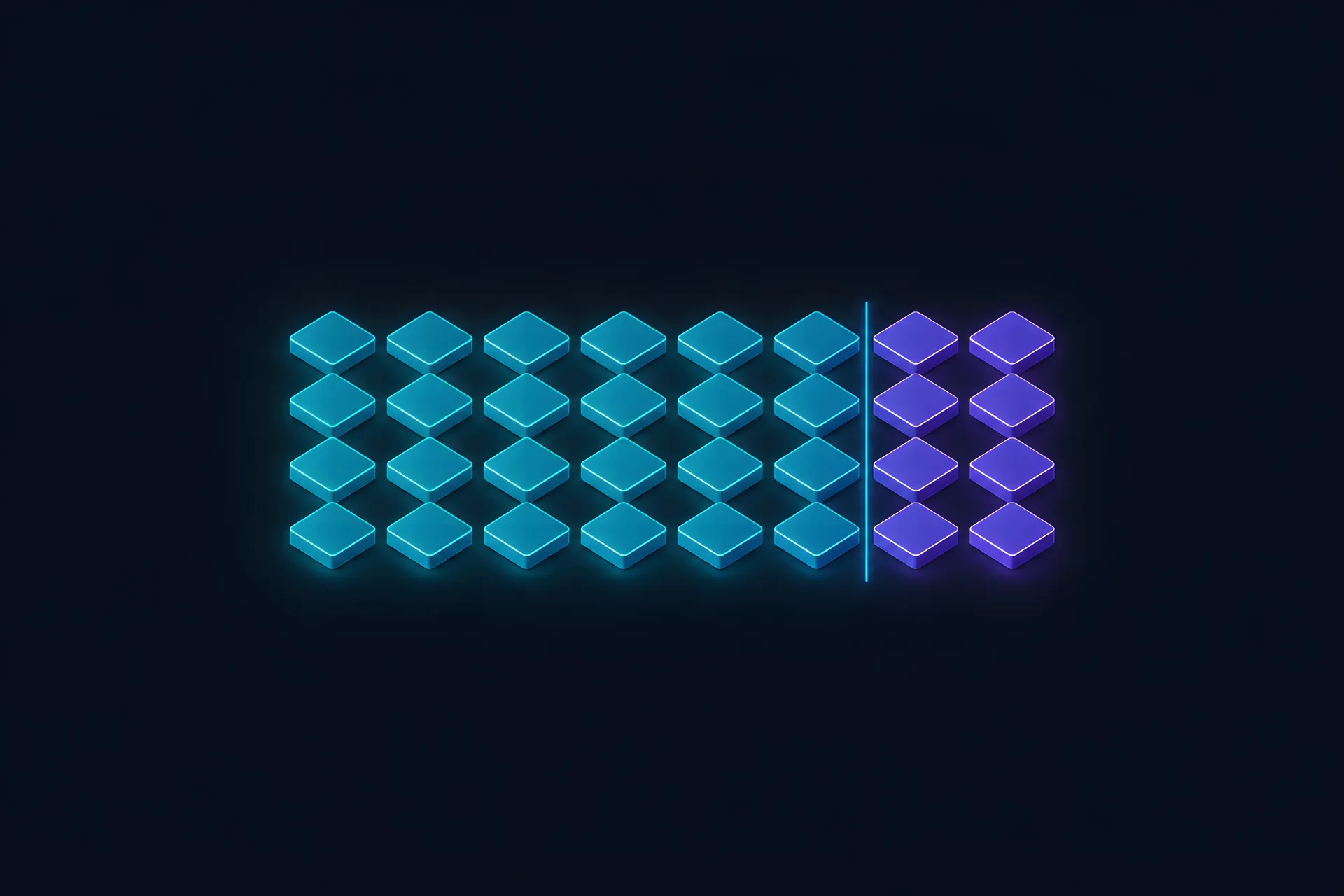 A grid of 32 tiles, 24 teal tiles for the network part and 8 violet tiles for the host part