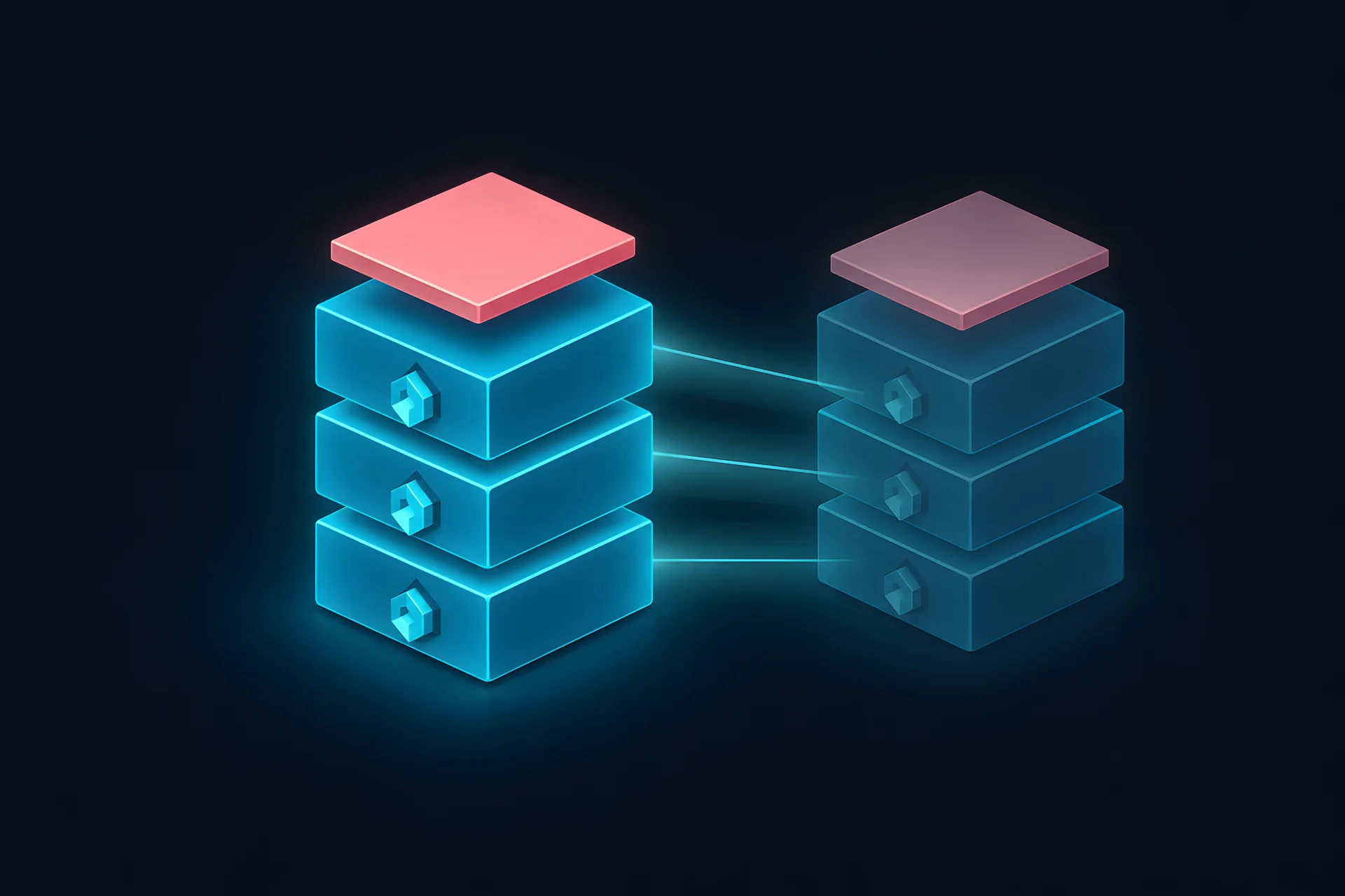 A stack of isometric slabs: the three lower stable slabs glow like the cached prefix, the thin top slab has a different colour like the part that changes