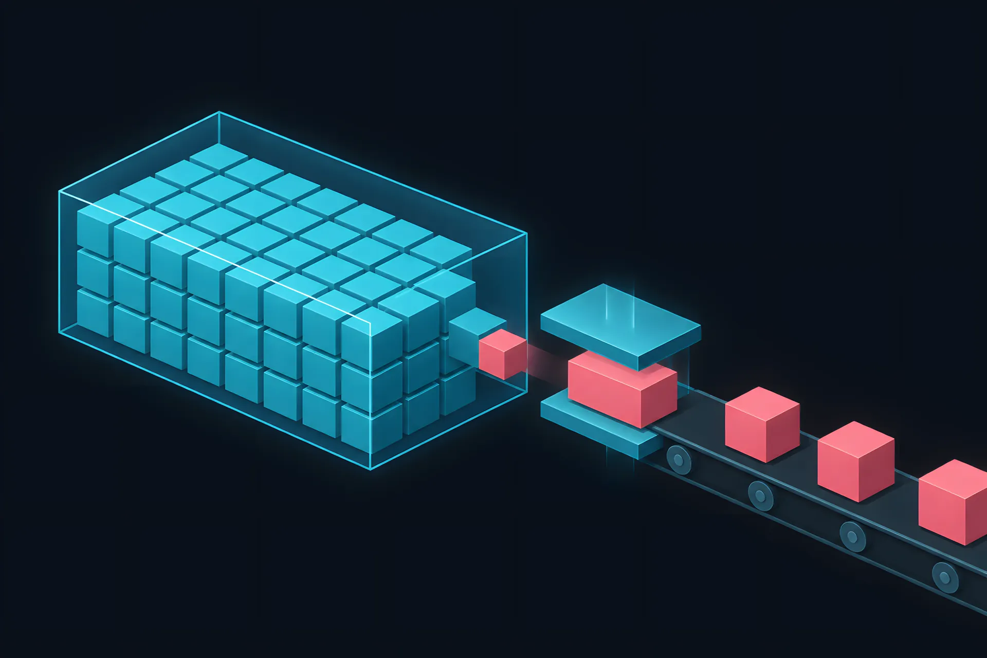 A transparent box holding small teal packets that fit exactly, a few rose packets waiting outside, and a press compressing a large block into a smaller one on the way in