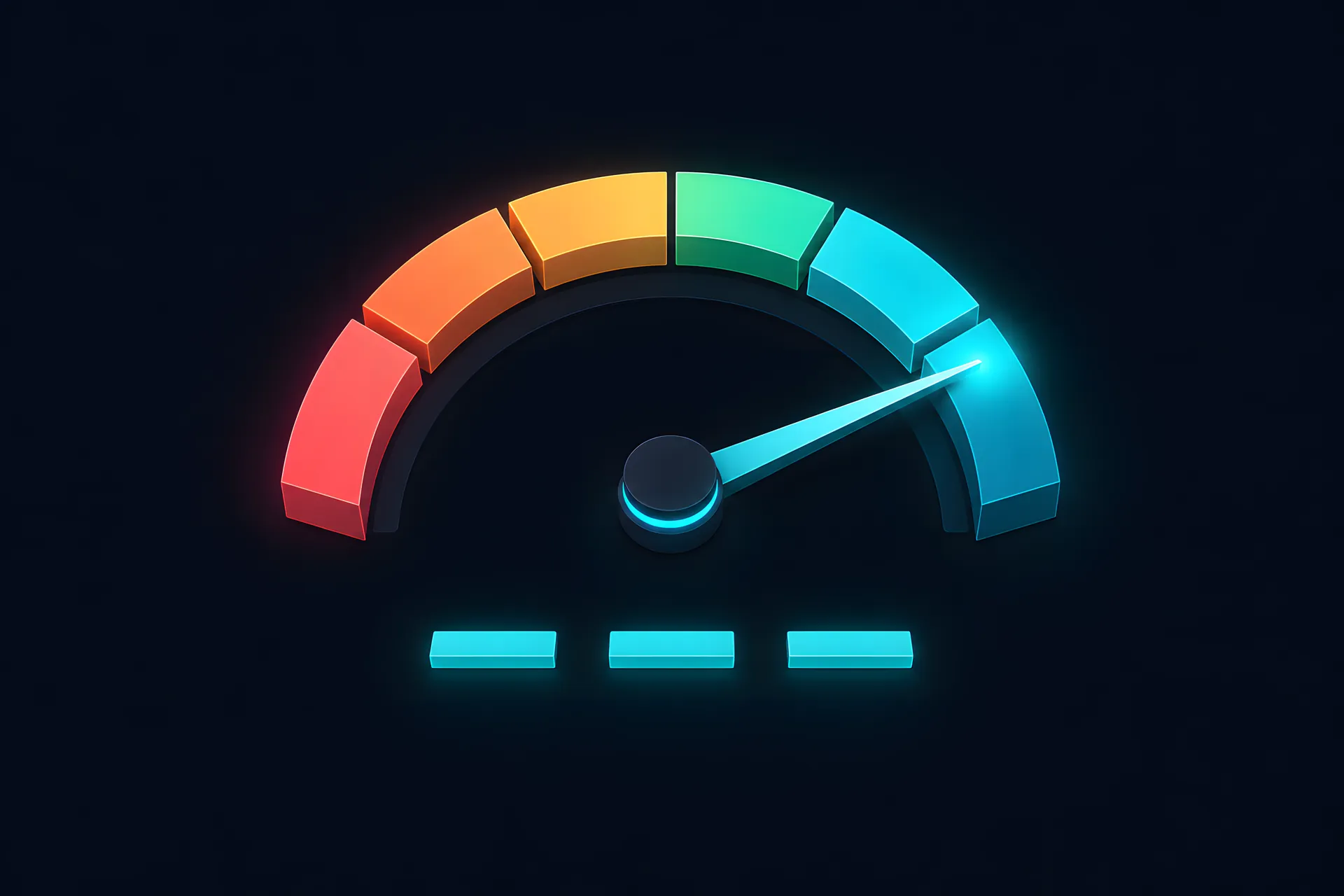 A semicircular gauge made of coloured segments with the needle pointing to the green end, three short balanced bars underneath