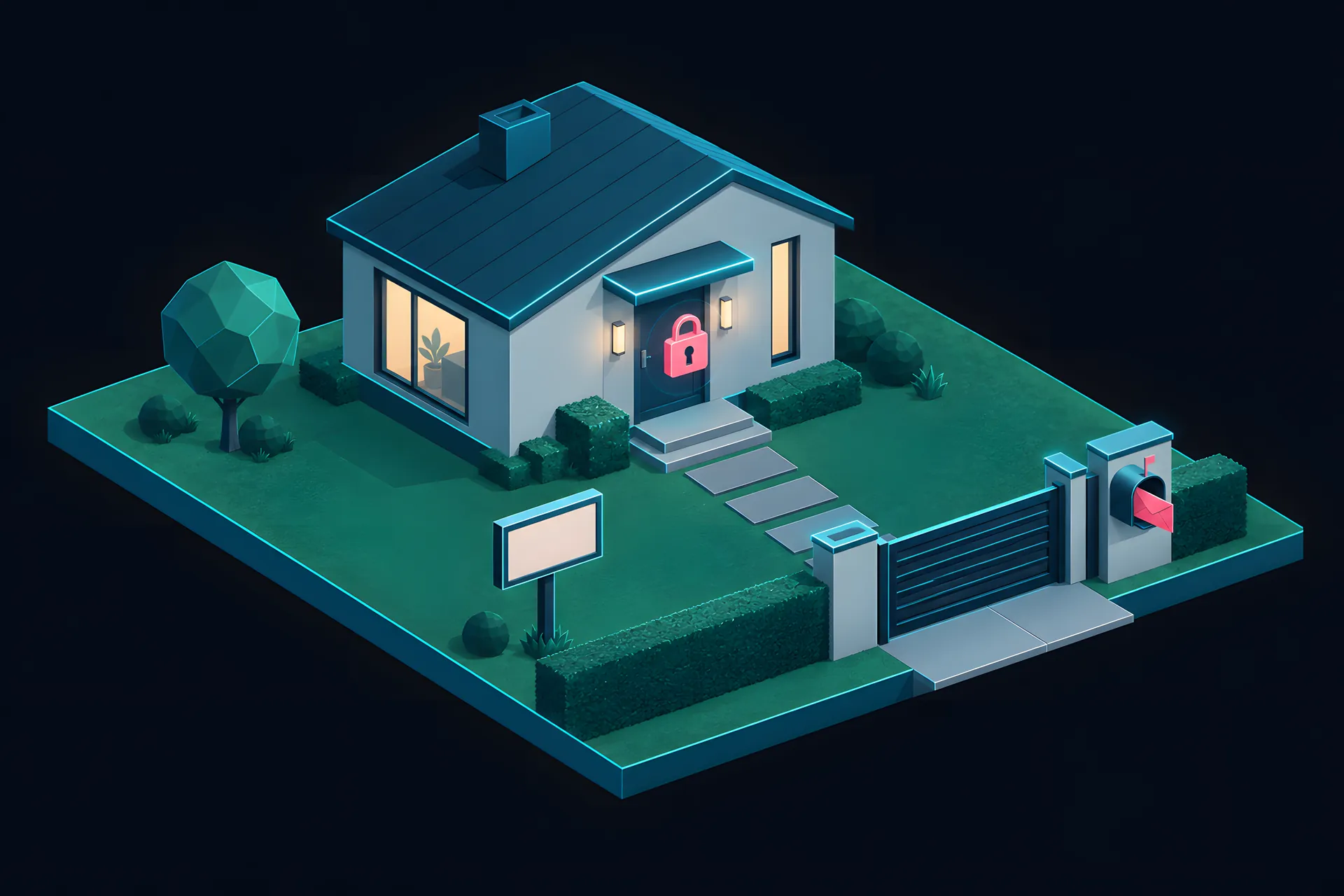 An isometric plot of land with a small house, an address sign in front, a padlock on the door and a mailbox at the gate