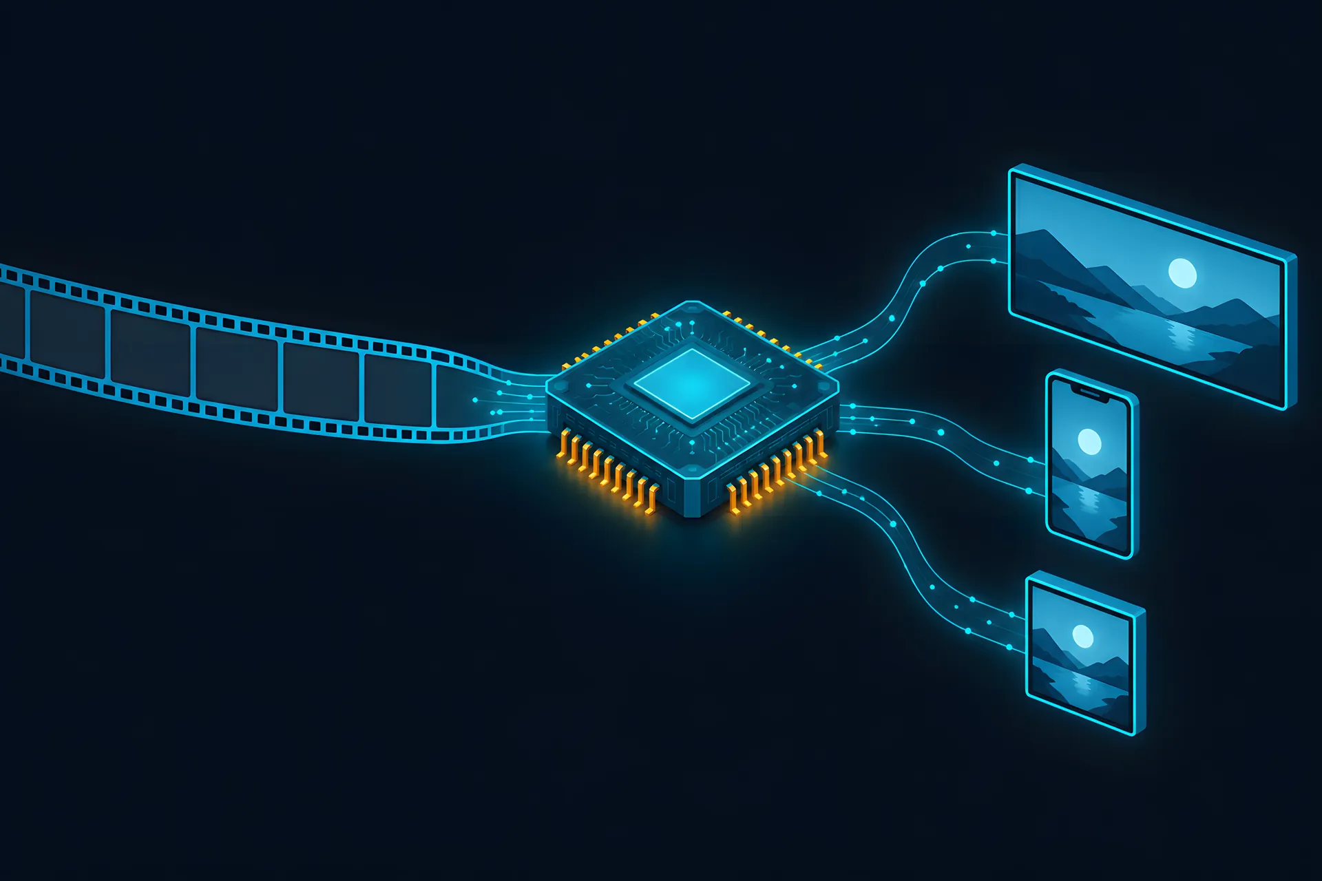A film strip entering a glowing GPU chip block in the middle, with three outputs appearing on the right: a wide video, a vertical video and a square image