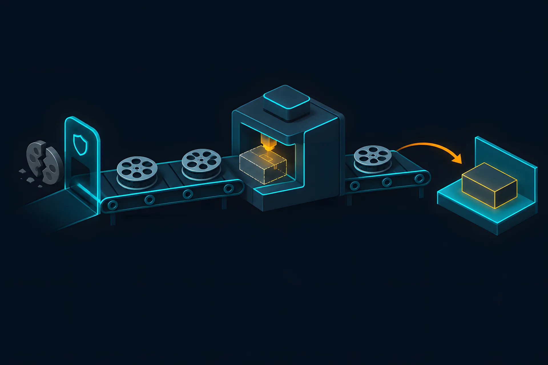 A conveyor of film reels moving right, a work station in the middle writing a dim temporary box, then a rename arrow lifting the finished box onto a teal shelf, with an arch stopping a broken slab at the entrance