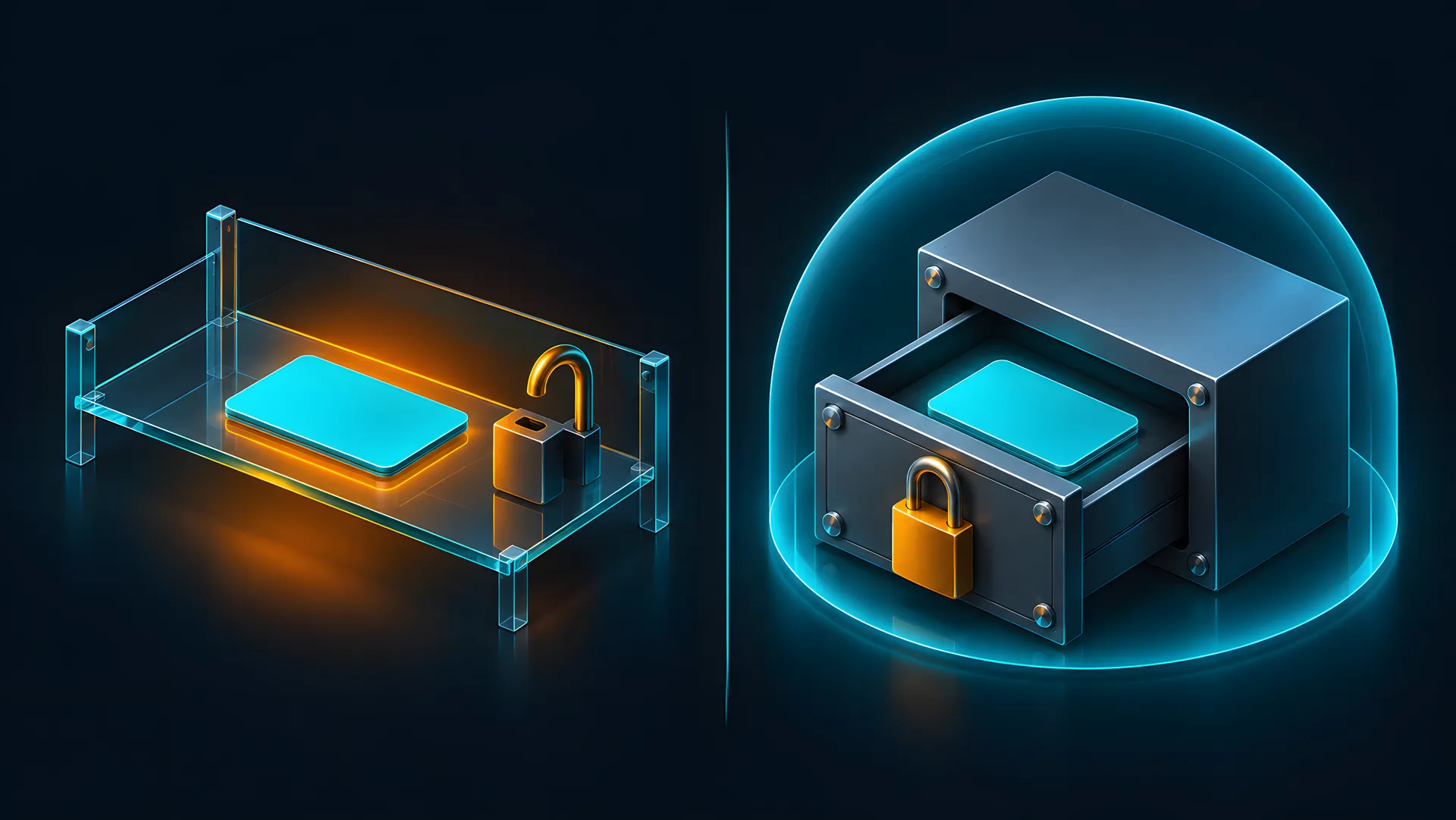 Comparison of an open glass shelf and a locked steel vault for storing a token