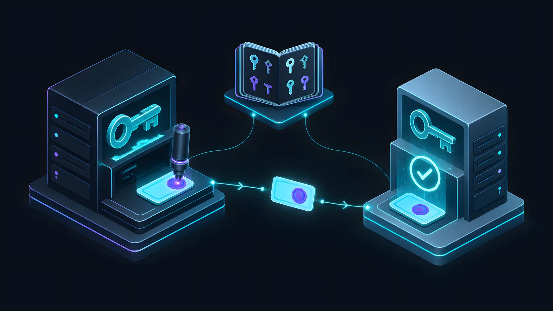 Server A giữ khoá riêng ký token, server B chỉ giữ khoá công khai để kiểm, giữa hai bên là kệ khoá JWKS