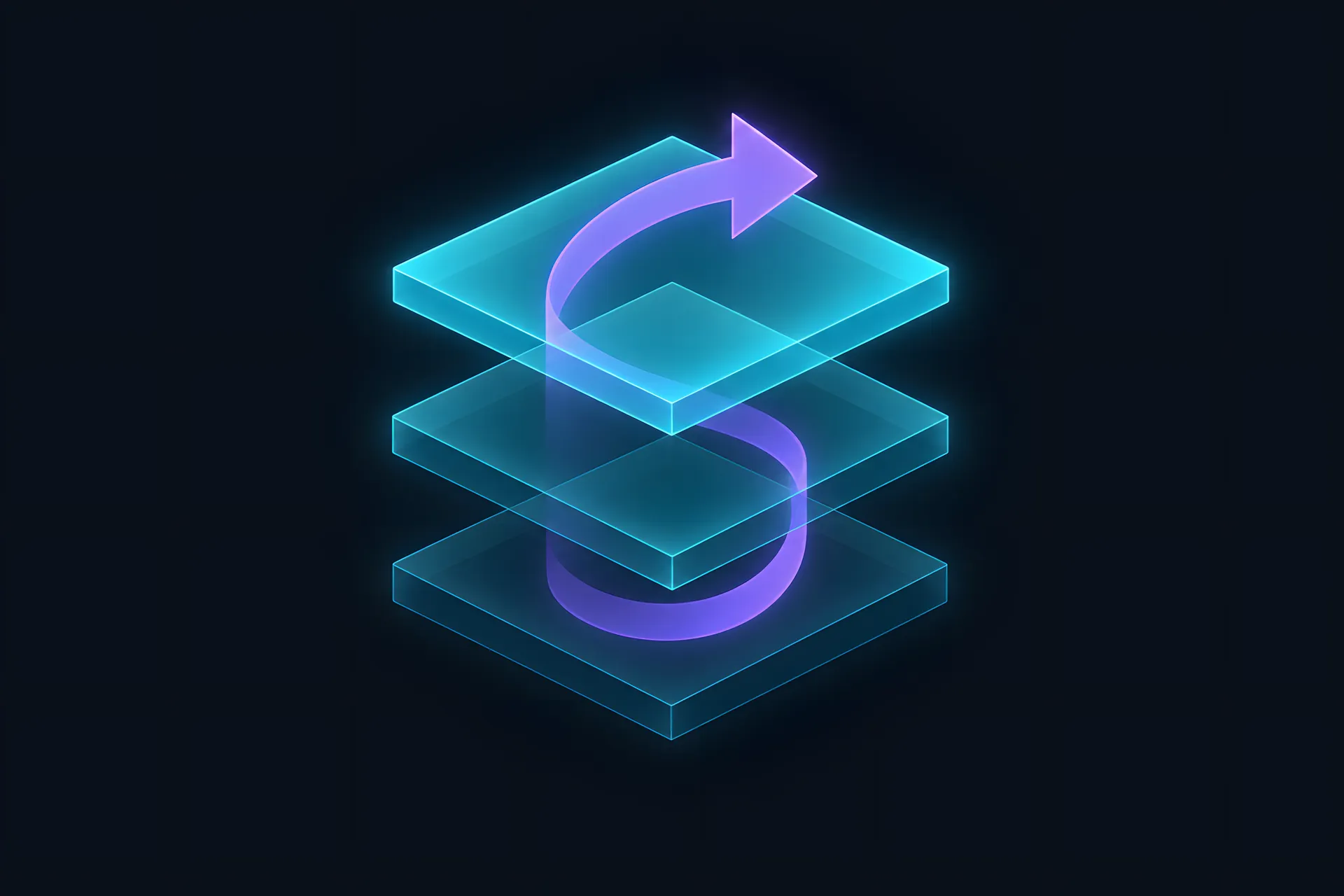 Three stacked cache layers with a violet refresh arrow cutting through them