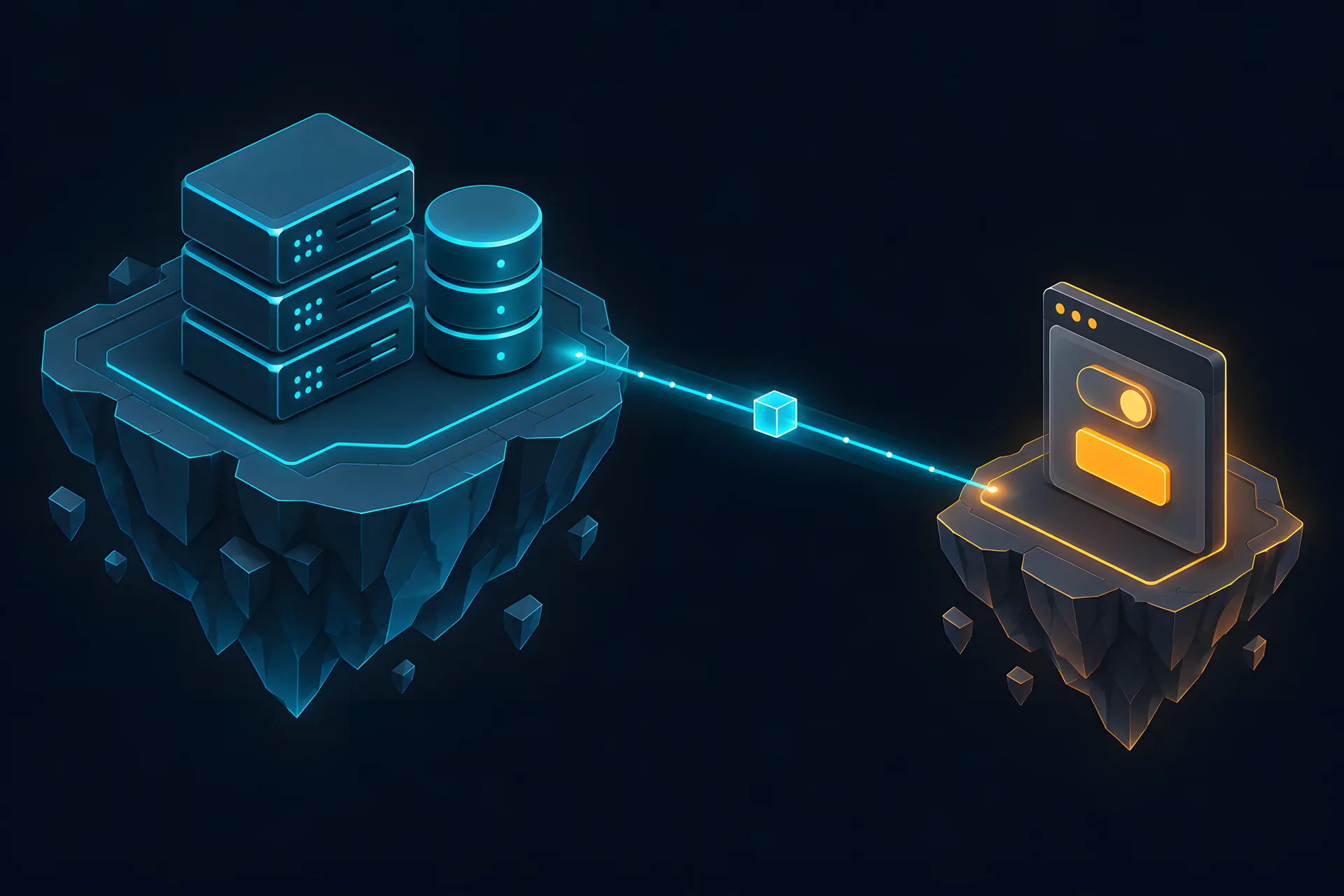 Two floating islands, a server island with racks and a database linked by a light beam to a browser island with a toggle and a button