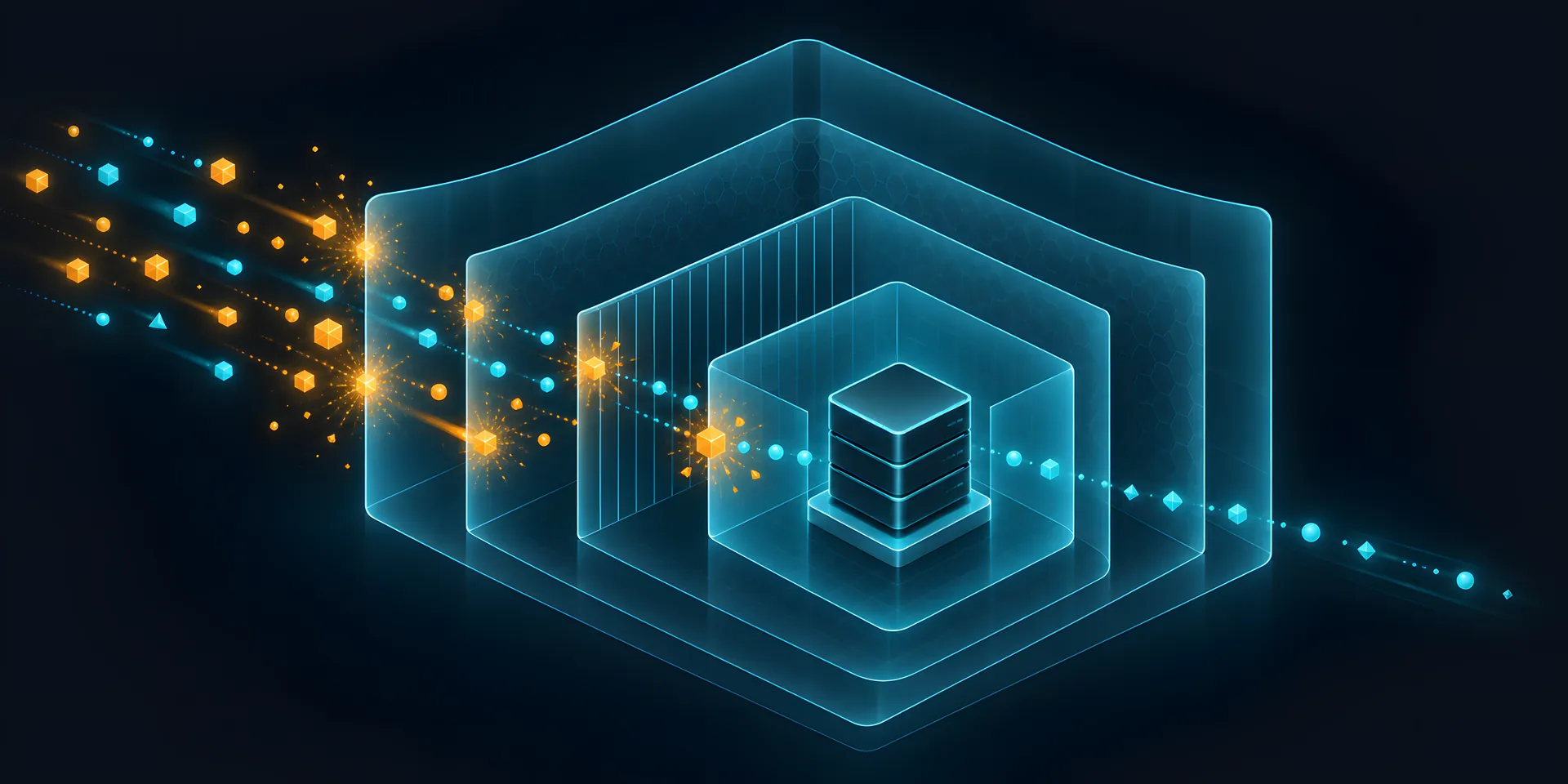 Layered shields around a server, clean requests passing through while bad ones are blocked with amber sparks
