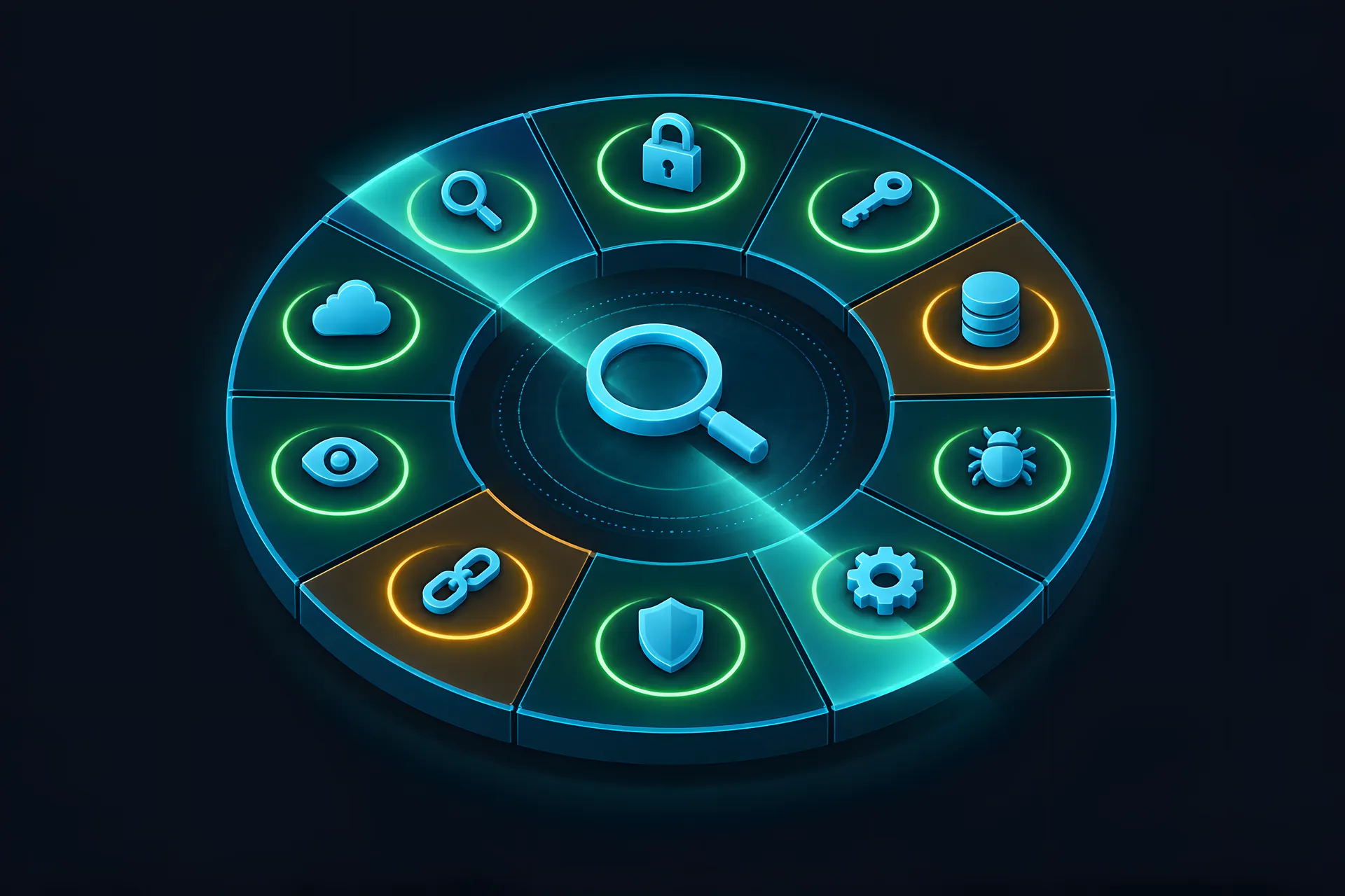 A ring split into ten segments with a teal scanning beam, most checked, two flagged amber