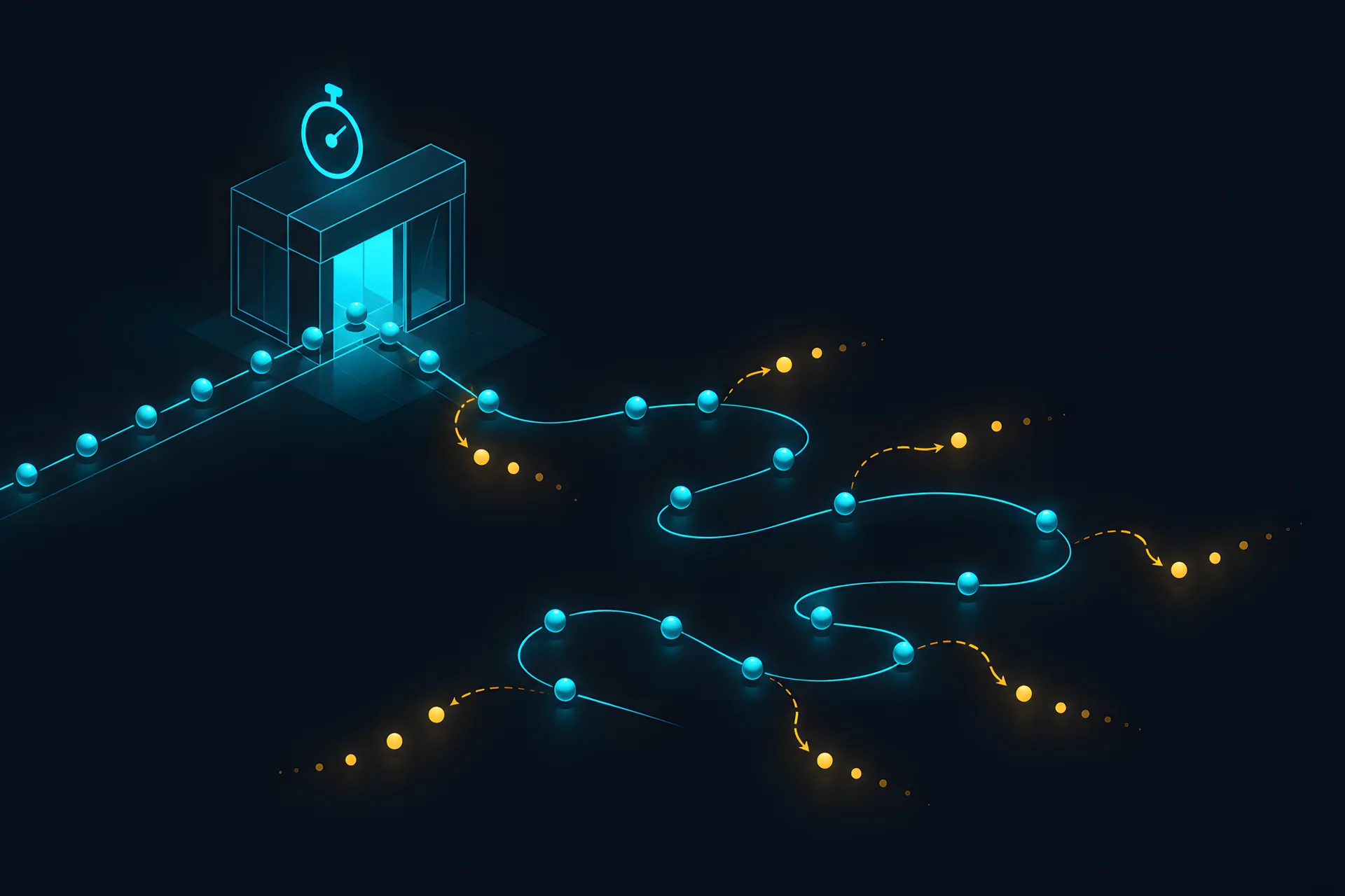 An isometric shop with a short straight path letting visitors in and a long winding path making them turn away