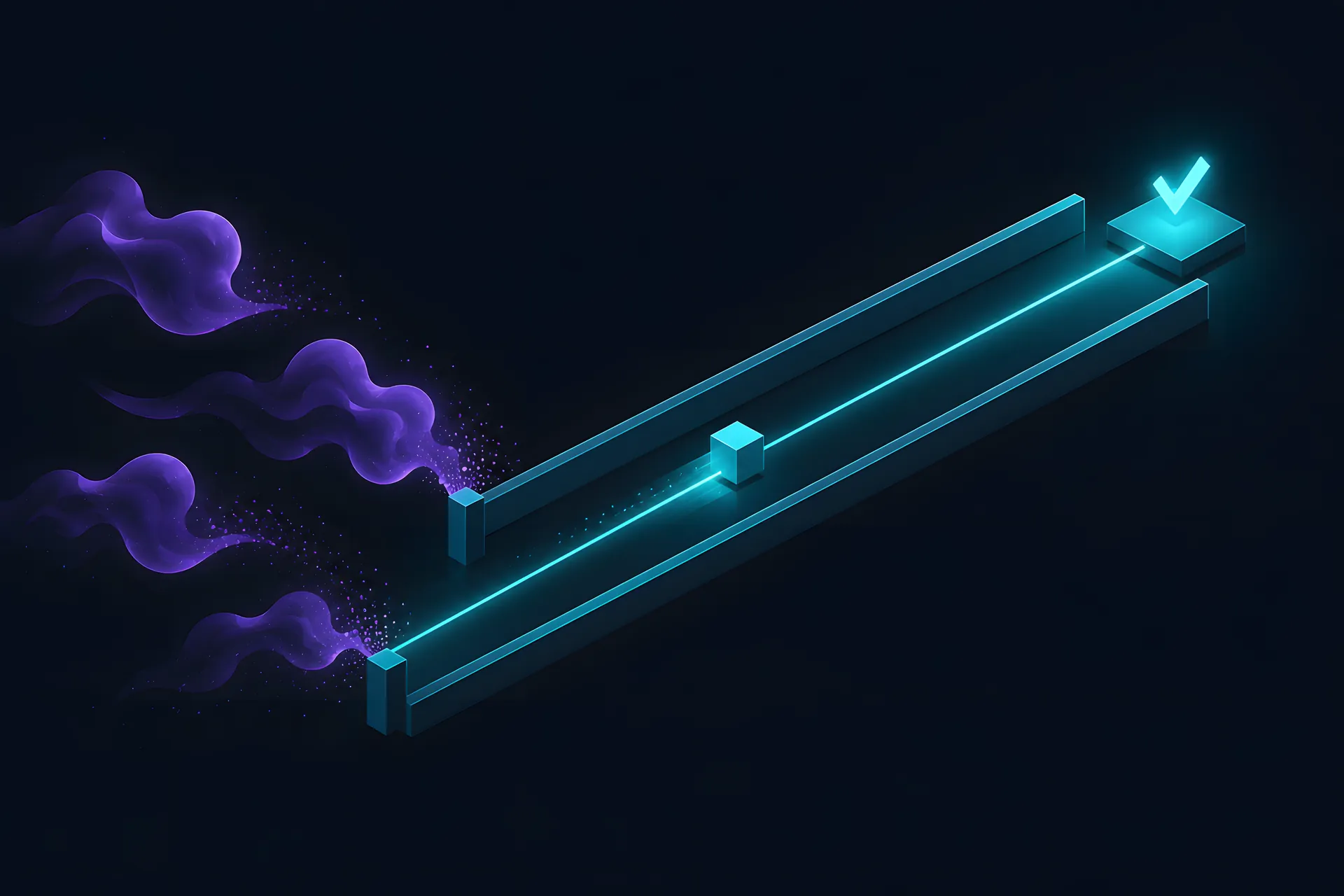 A block travelling along a lit path between two guard rails, faint cloud shapes beside it blocked and unable to enter