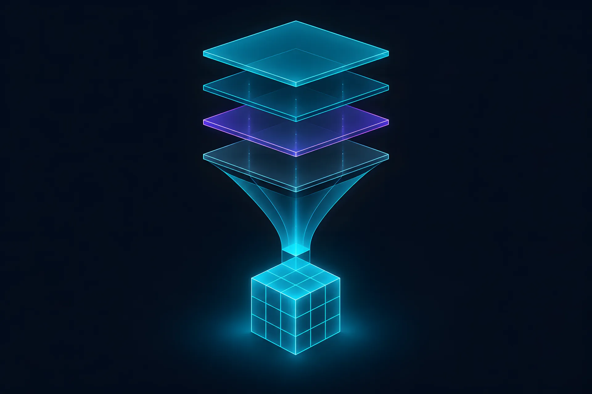 Four stacked layers representing role, rules, examples and request, pouring down a funnel into one structured output block