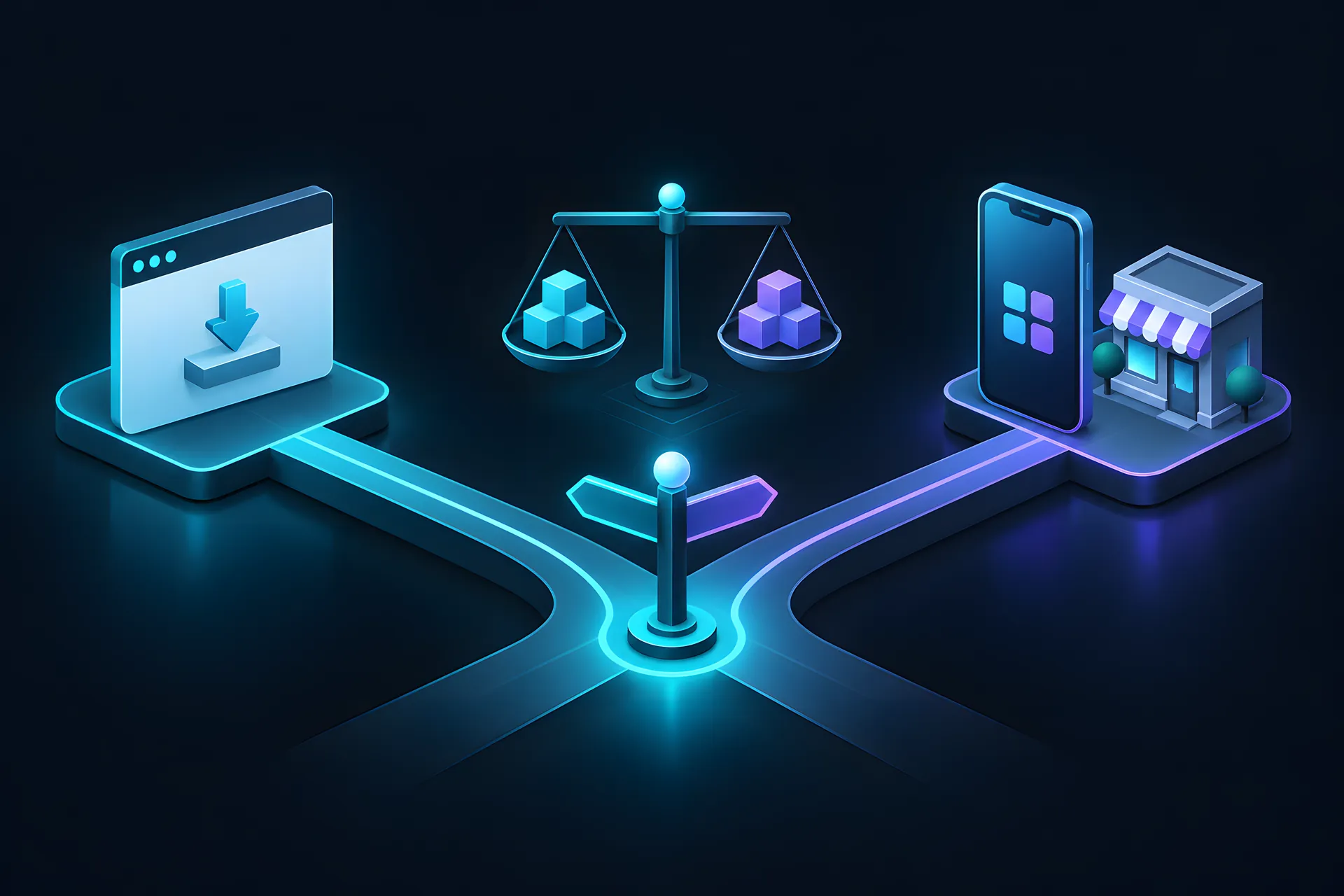 Biển chỉ đường chia hai hướng: web app cài được và app trong cửa hàng