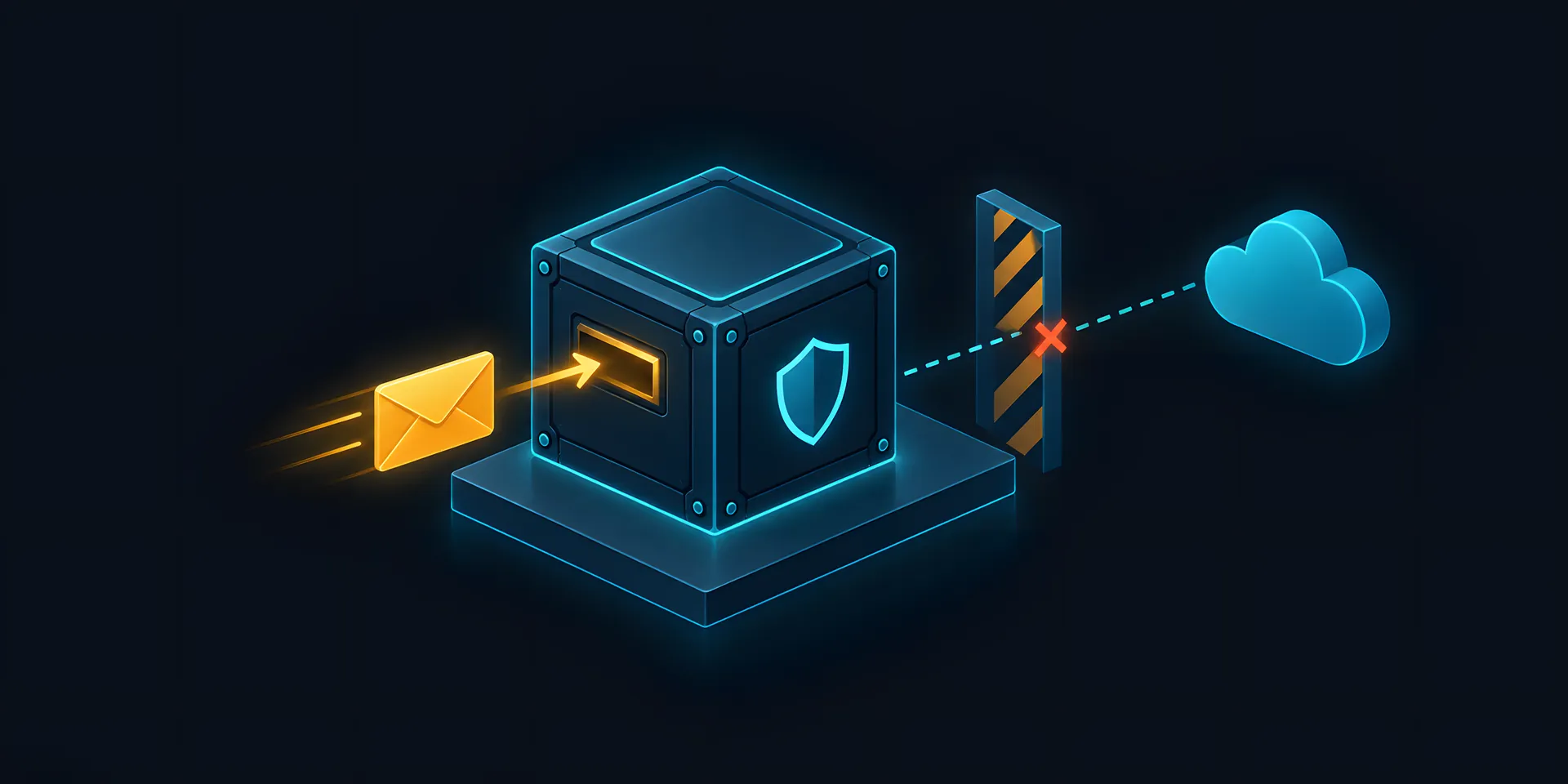 Phong bì đi vào một hộp thử kín trên bệ, đường nét đứt ra mây internet bị chặn lại