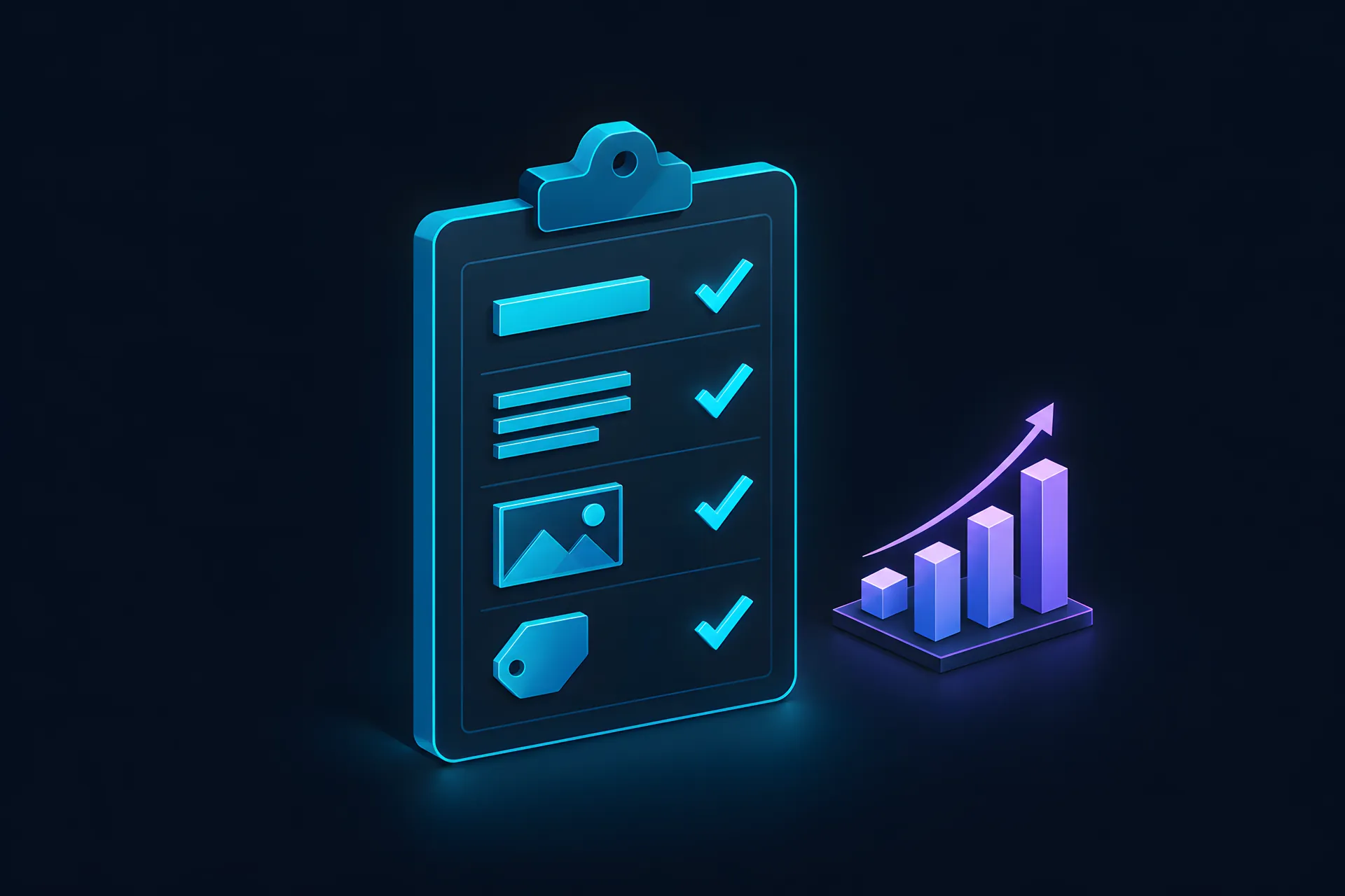 A checklist panel with four ticked rows for title, description, photo and product tag, next to a rising chart