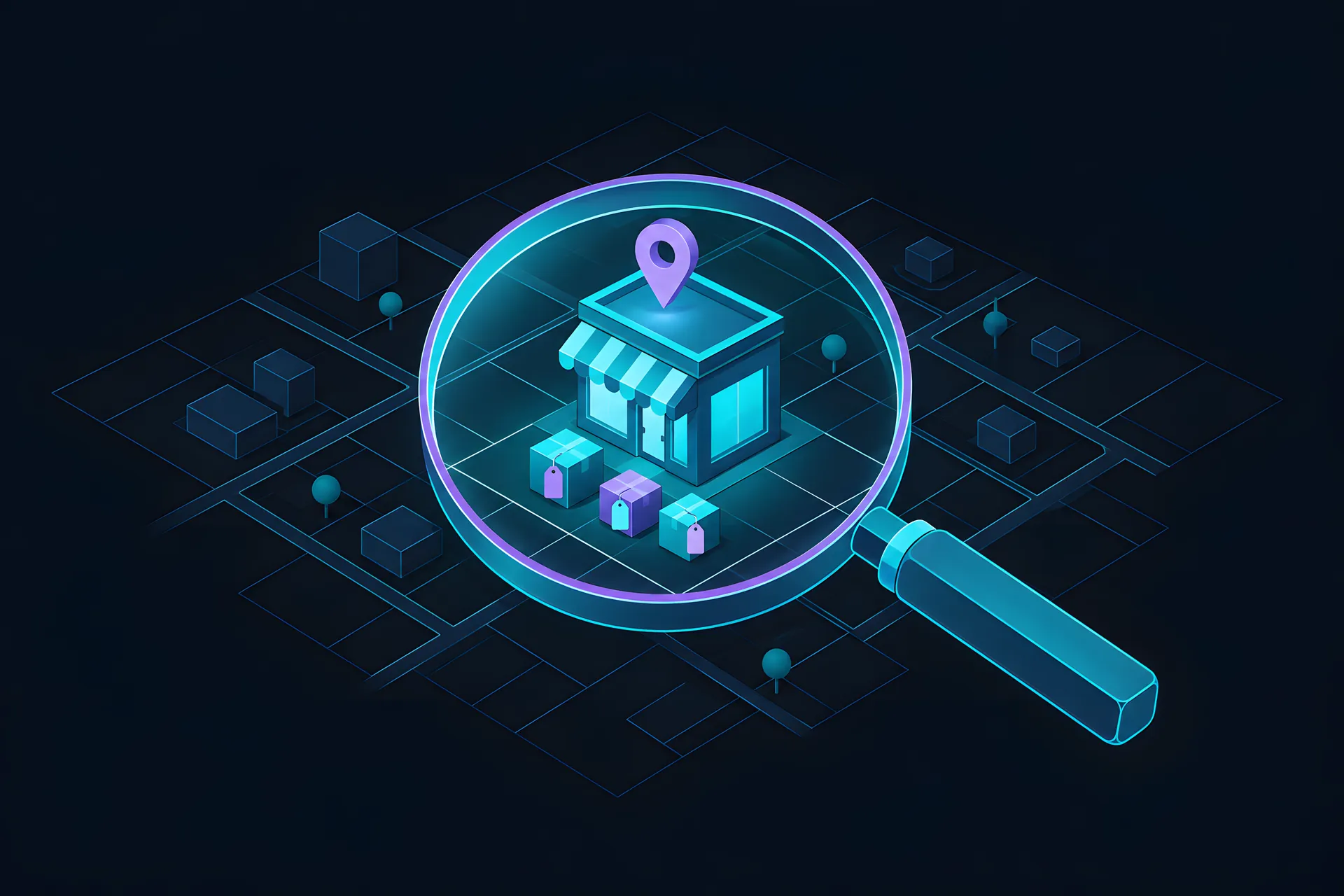 An isometric magnifying glass over a small shop rising from a map grid with a location pin above