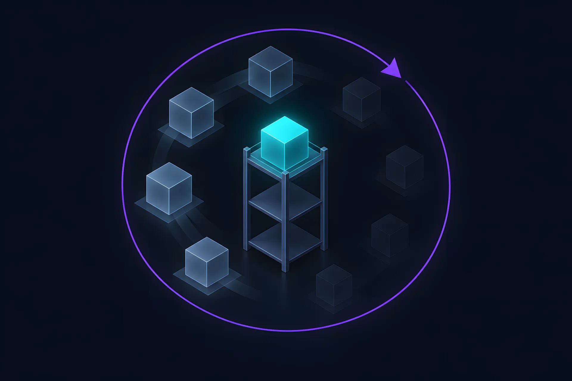 One glowing cube on a shelf surrounded by fading copies and a refresh arrow