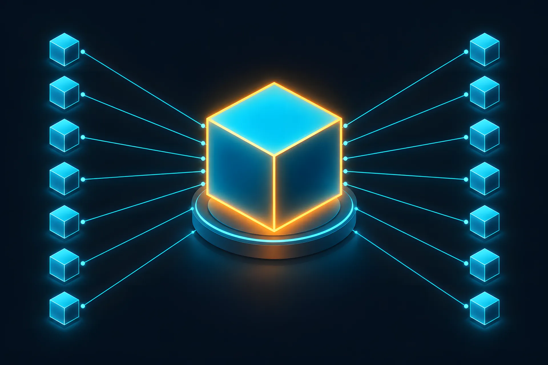 Many client cubes connected to one large shared instance cube in the center