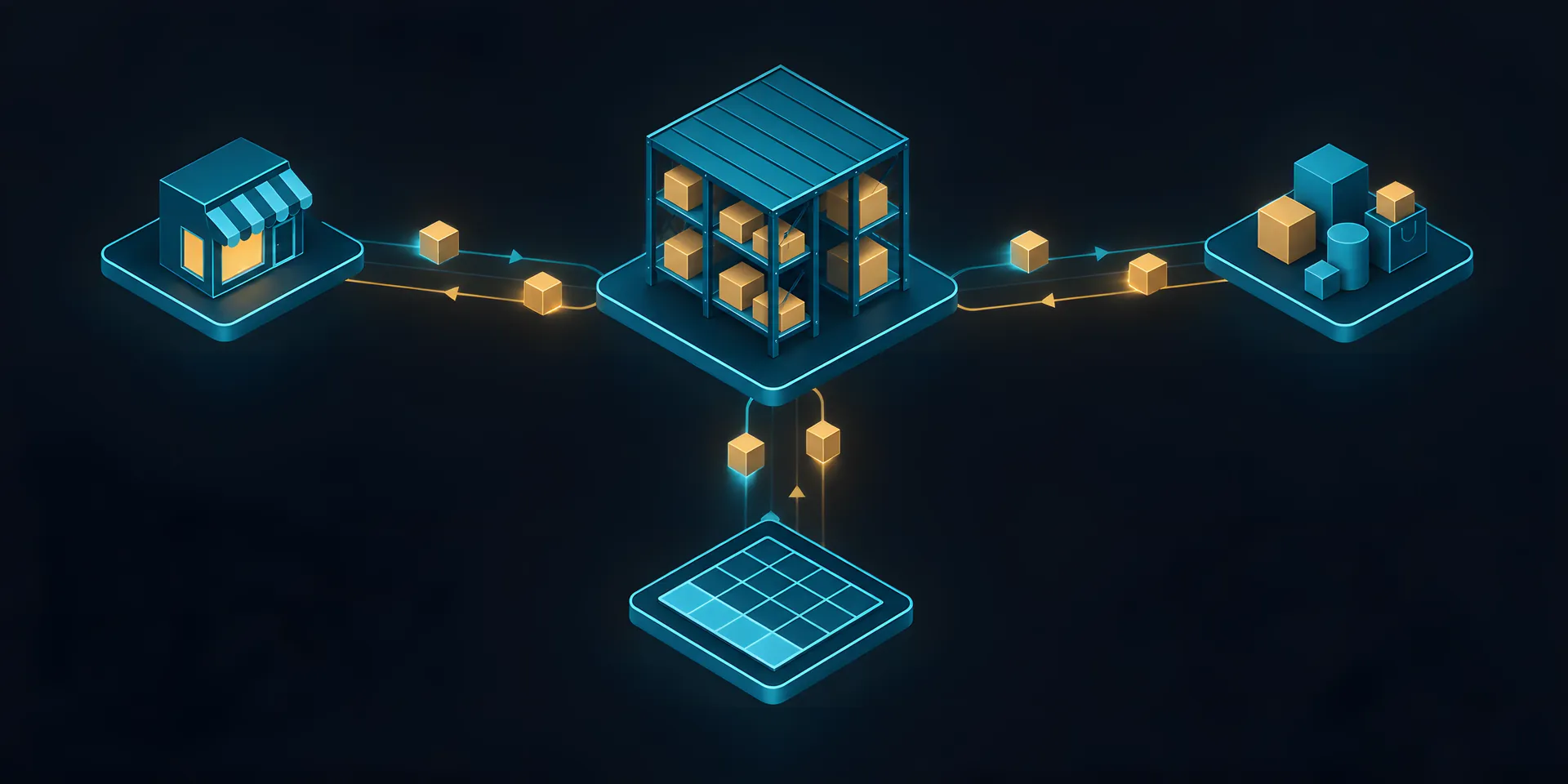 One central warehouse shelf linked by glowing lines to a web storefront, a marketplace and a spreadsheet, with parcels moving both ways