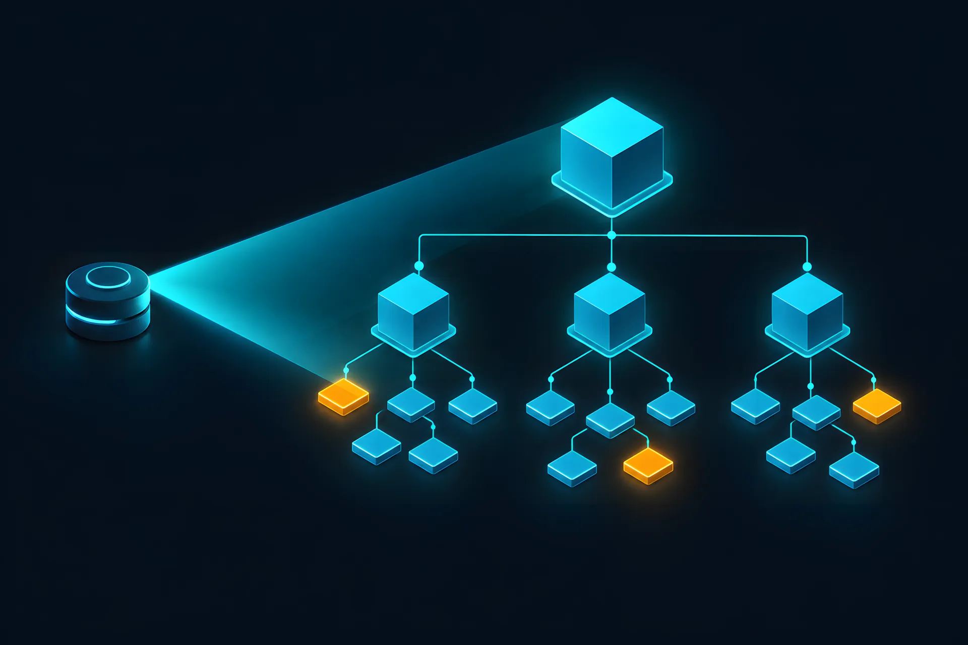 A hierarchical isometric site tree with a round scanner on the left sweeping across it and a few tiles marked in amber
