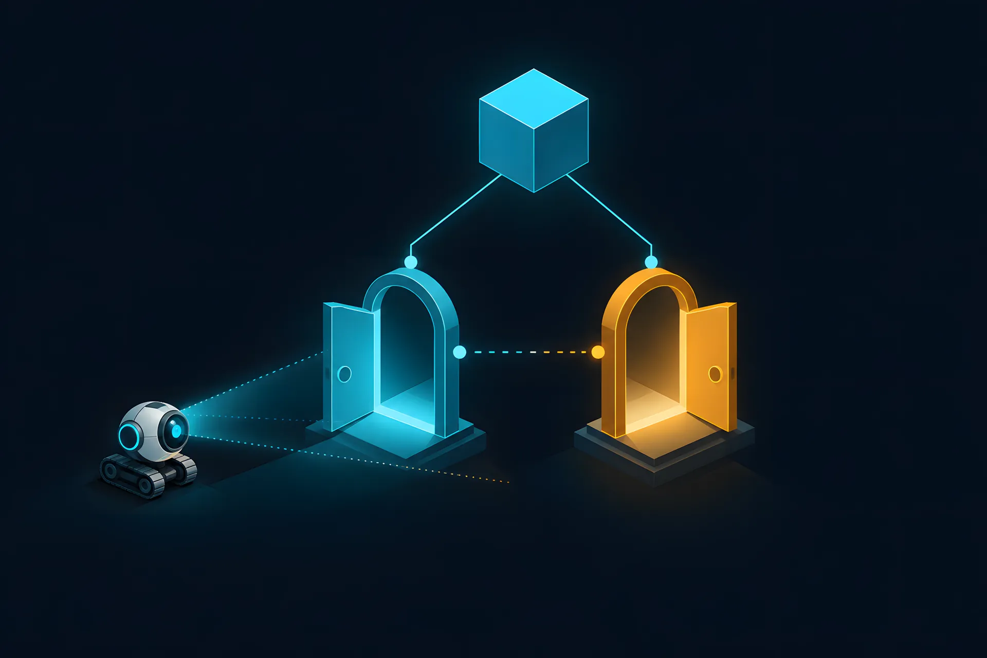 A root block splitting into two clearly open gates, one teal and one amber, linked by a dotted line, with a round probe scanning both