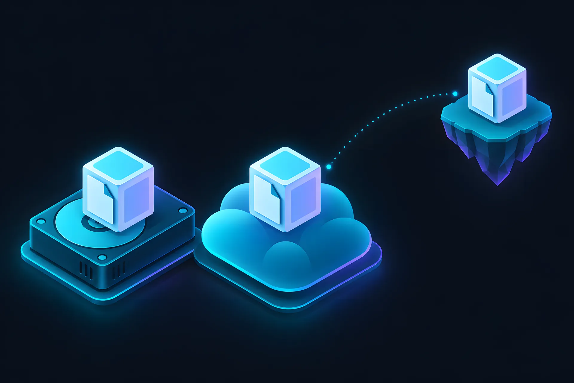 Three identical document cubes: two on two different kinds of storage, the third on a distant small island