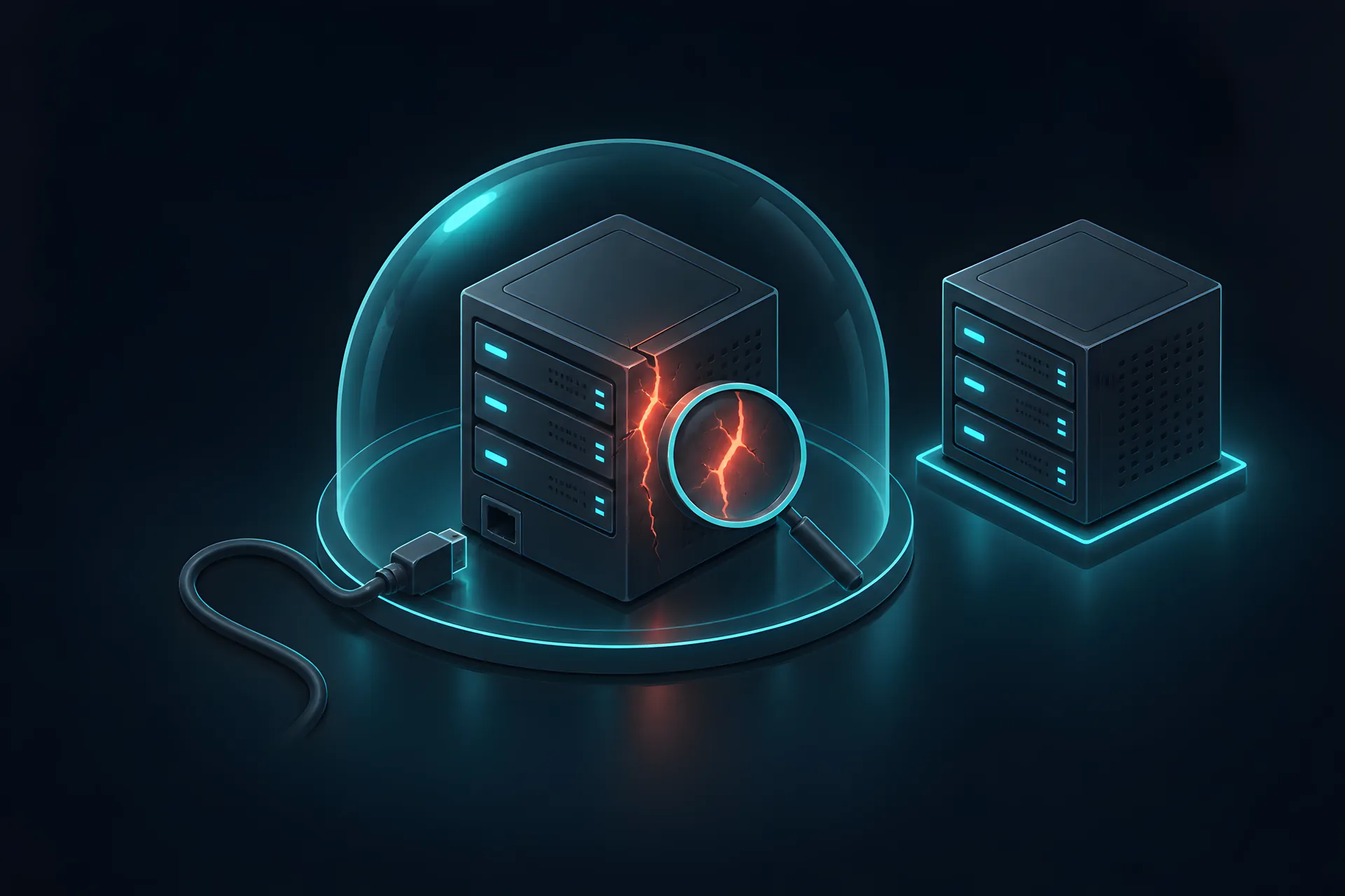 A server block with a glowing crack inside a protective dome, cable unplugged, a clean standby server waiting beside it