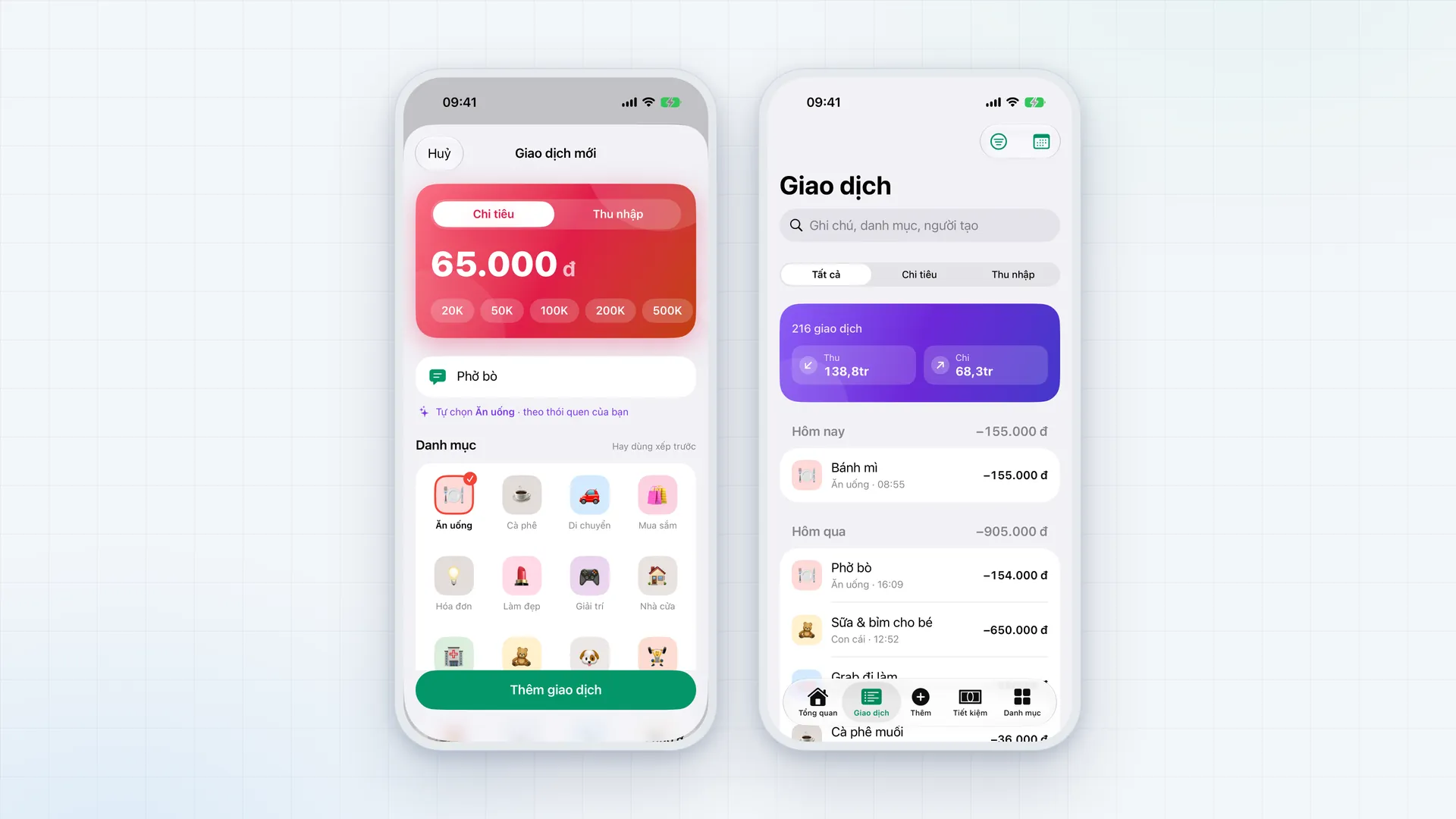 Nhập giao dịch: thẻ số tiền, mức tiền nhanh, danh mục tự gợi ý theo ghi chú (dữ liệu minh hoạ)