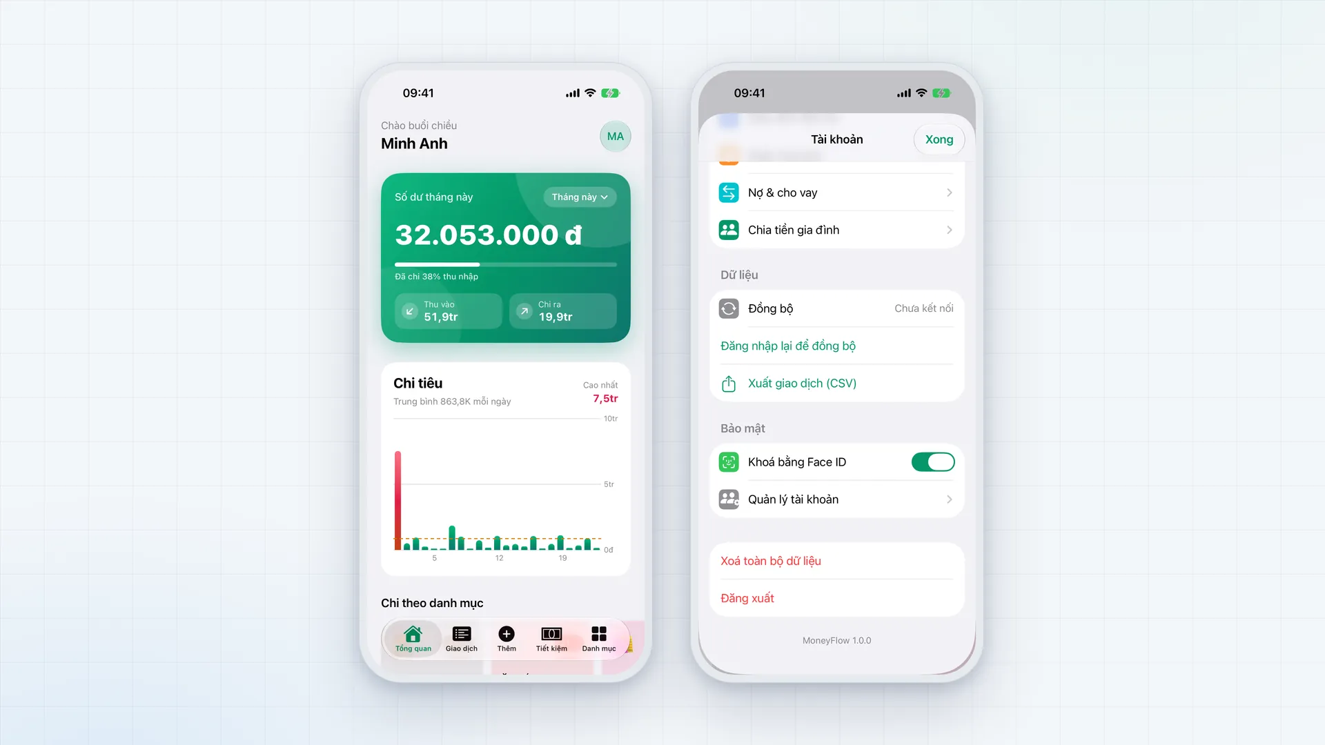Tài khoản: đồng bộ, khoá Face ID, xuất CSV (dữ liệu minh hoạ)