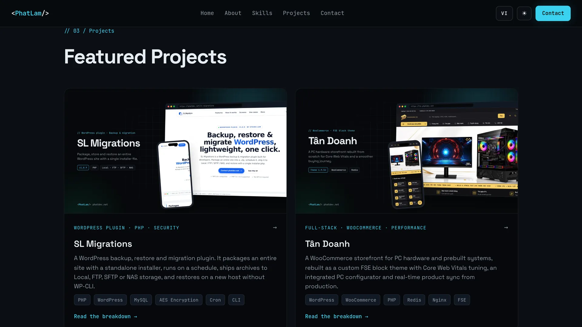 Projects section with rendered covers per language and theme