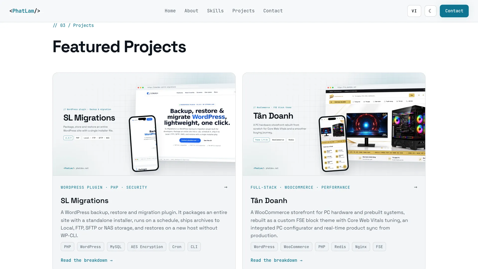 Projects section with rendered covers per language and theme