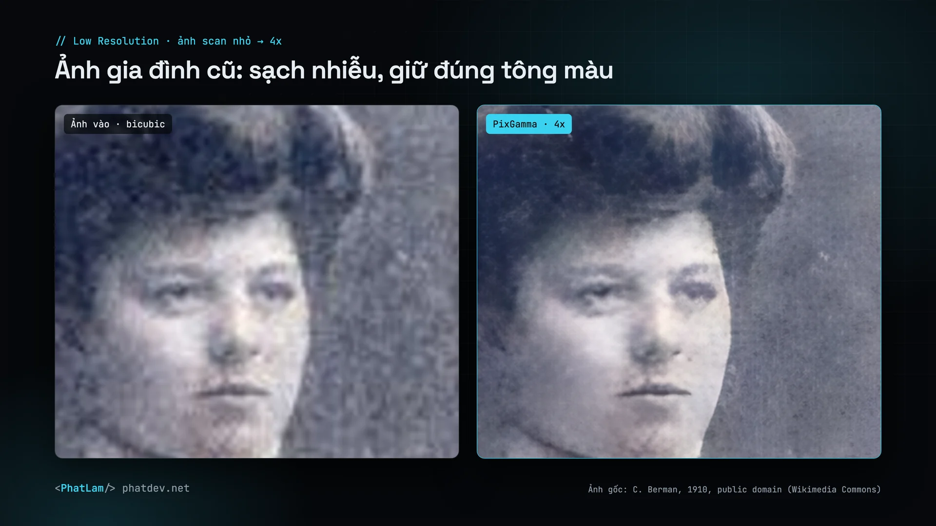 Ảnh gia đình cũ (1910): Low Resolution làm sạch nhiễu hạt, giữ tông màu gốc