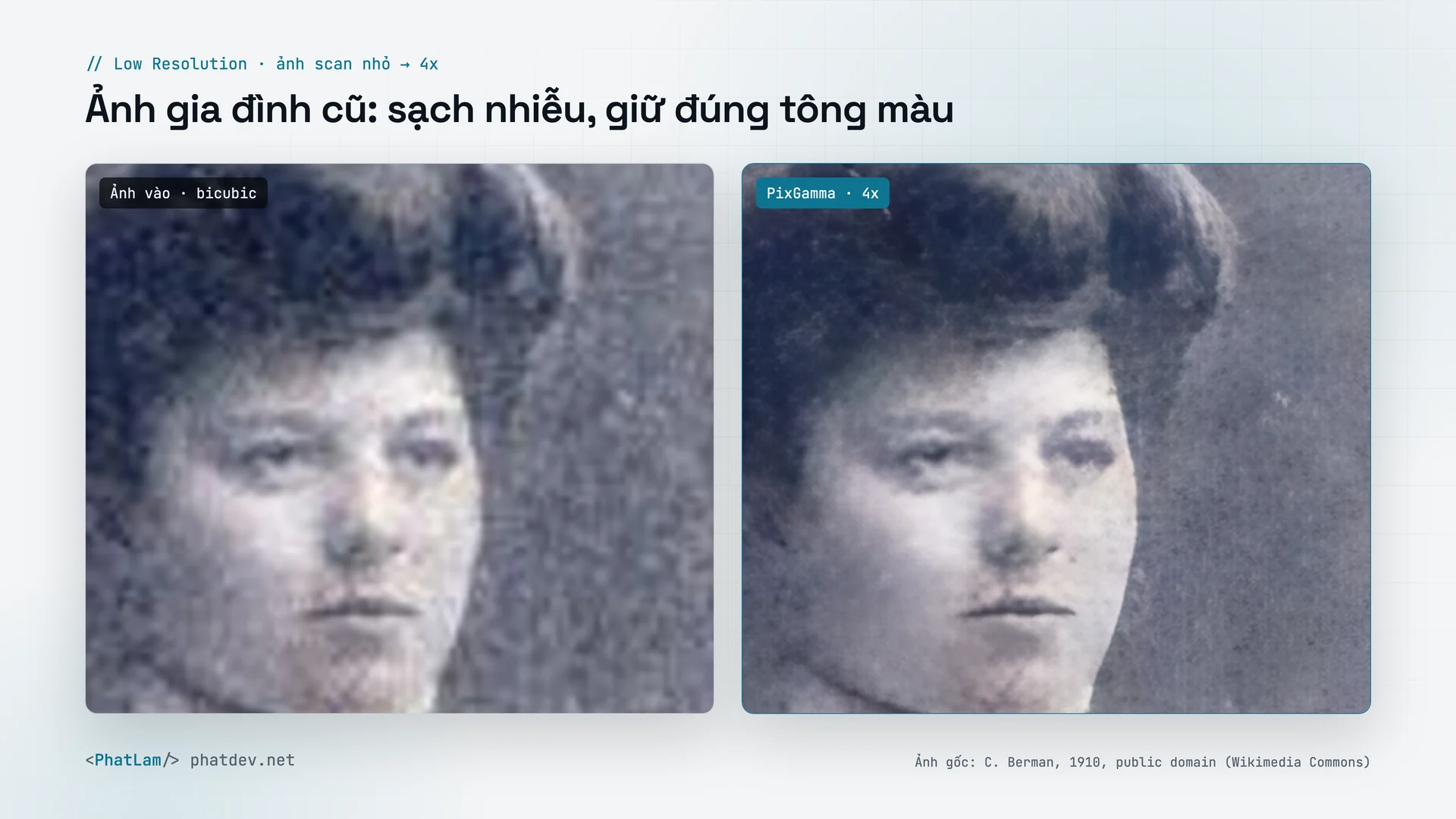 Ảnh gia đình cũ (1910): Low Resolution làm sạch nhiễu hạt, giữ tông màu gốc