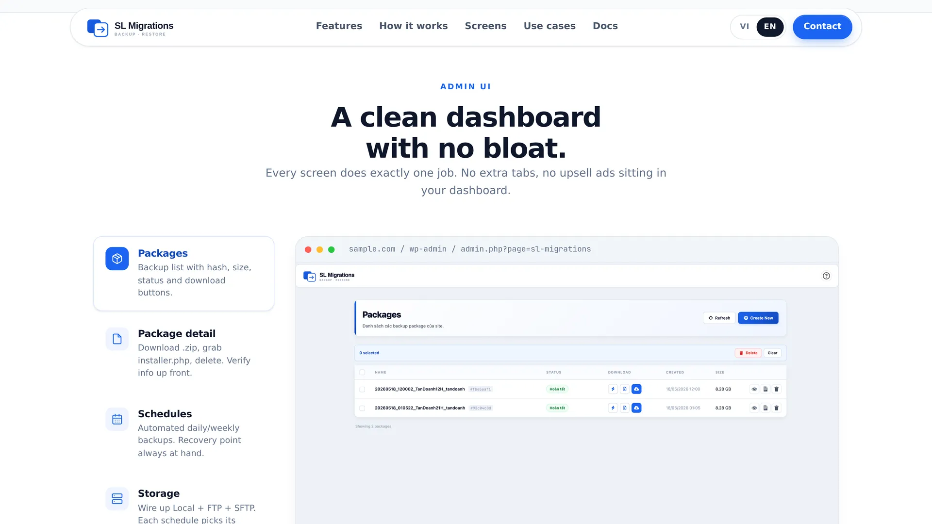 Admin UI: backup packages list