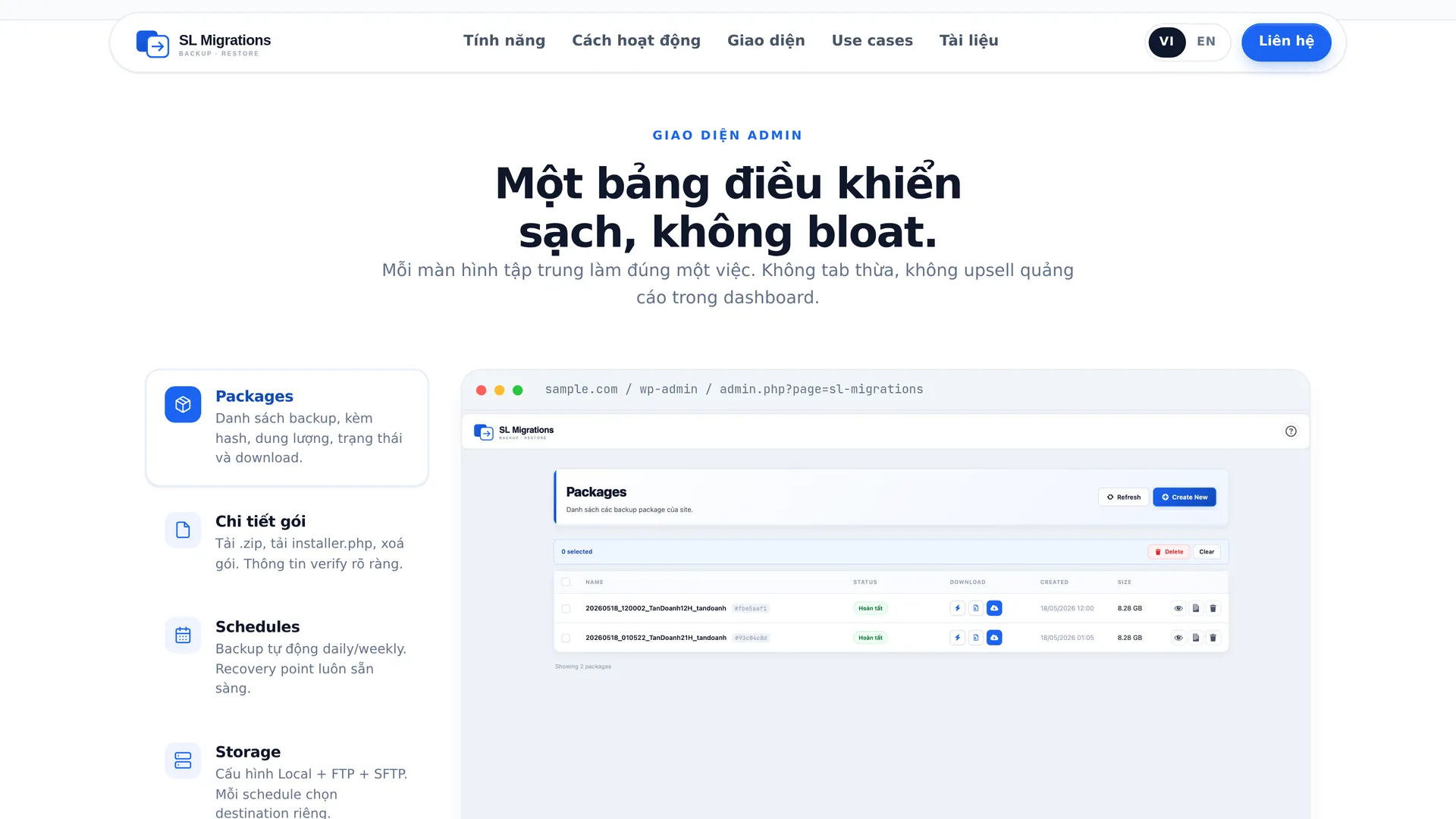 Giao diện quản trị: danh sách gói backup