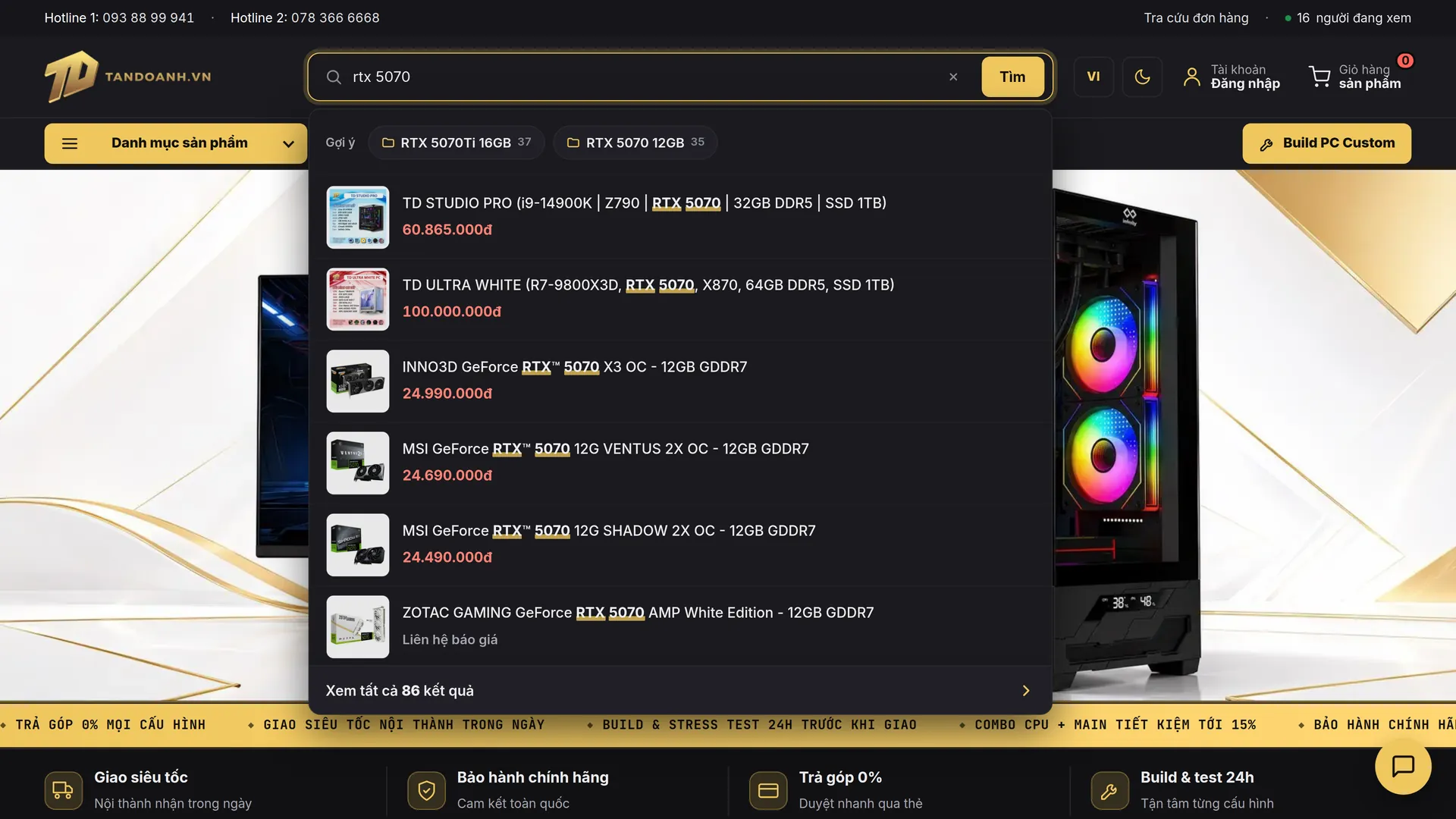 Live search suggests products as you type