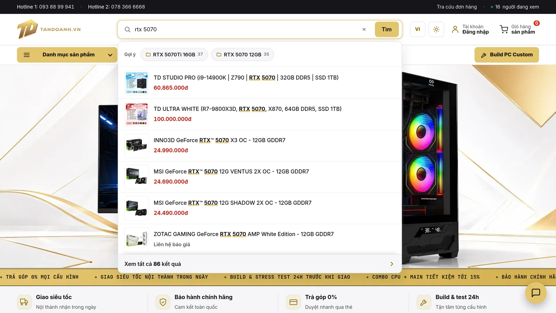 Live search suggests products as you type